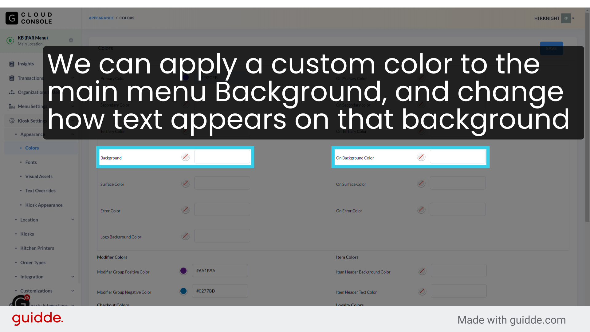 We can apply a custom color to the main menu Background, and change how text appears on that background