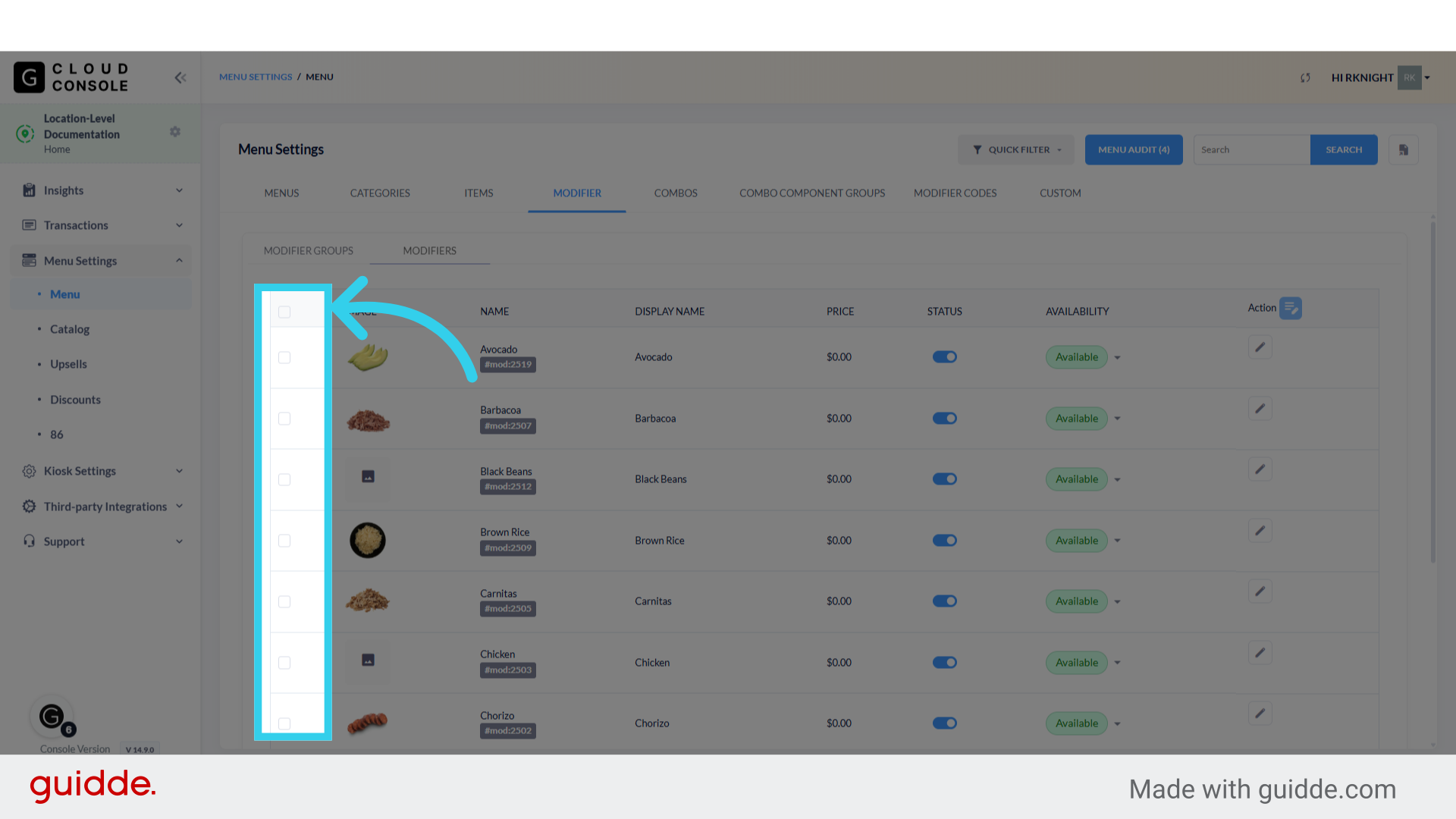 To enable bulk editing, we start by clicking the checkboxes to the left of the items we want to update