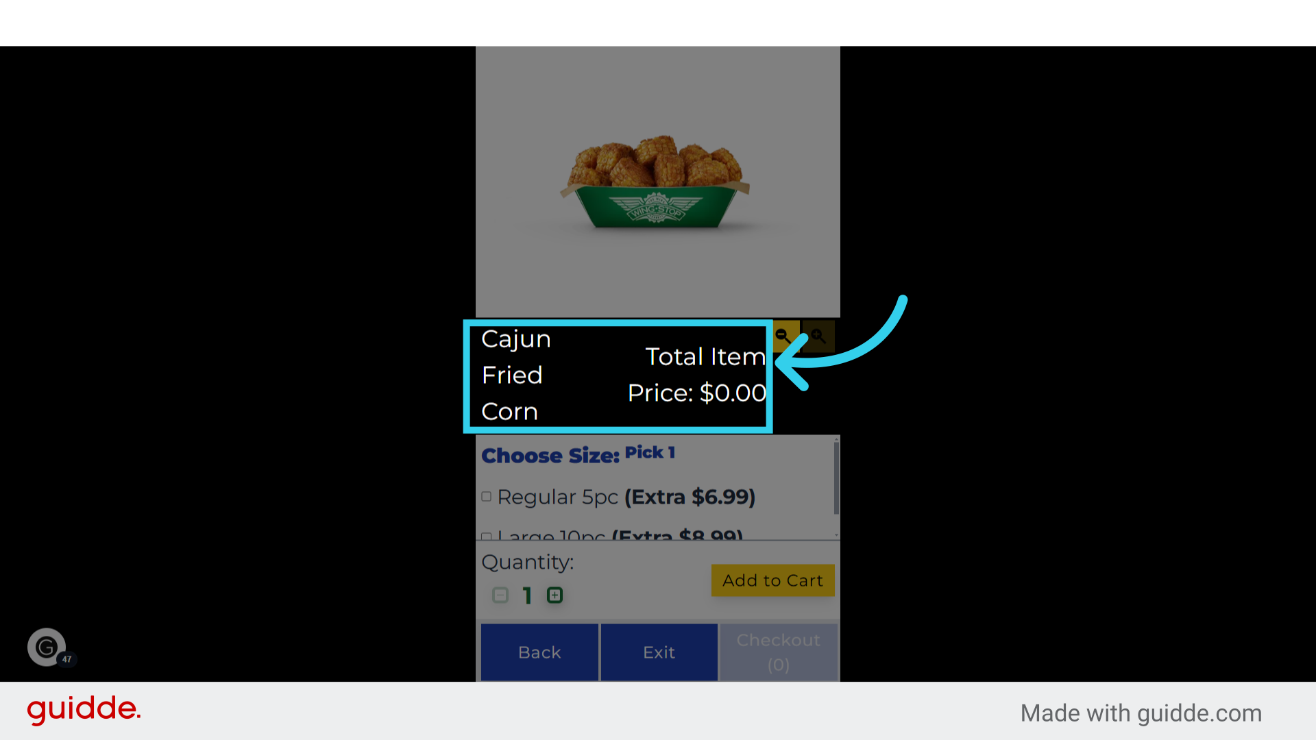 The Item name and price will be displayed in the middle of the screen