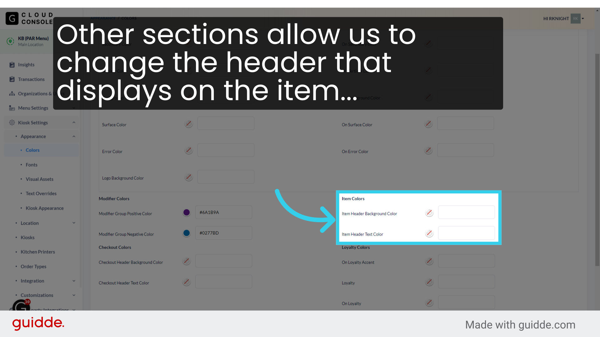 Other sections allow us to change the header that displays on the item...