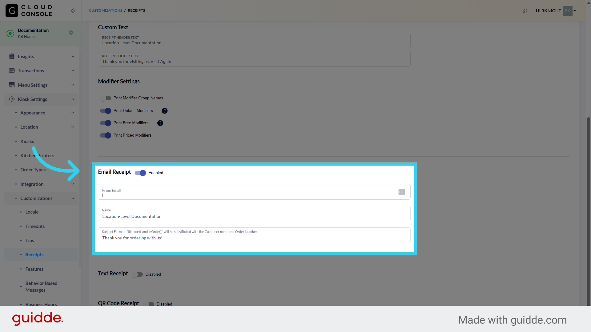 If desired, you can allow customers to opt into Email receipts here