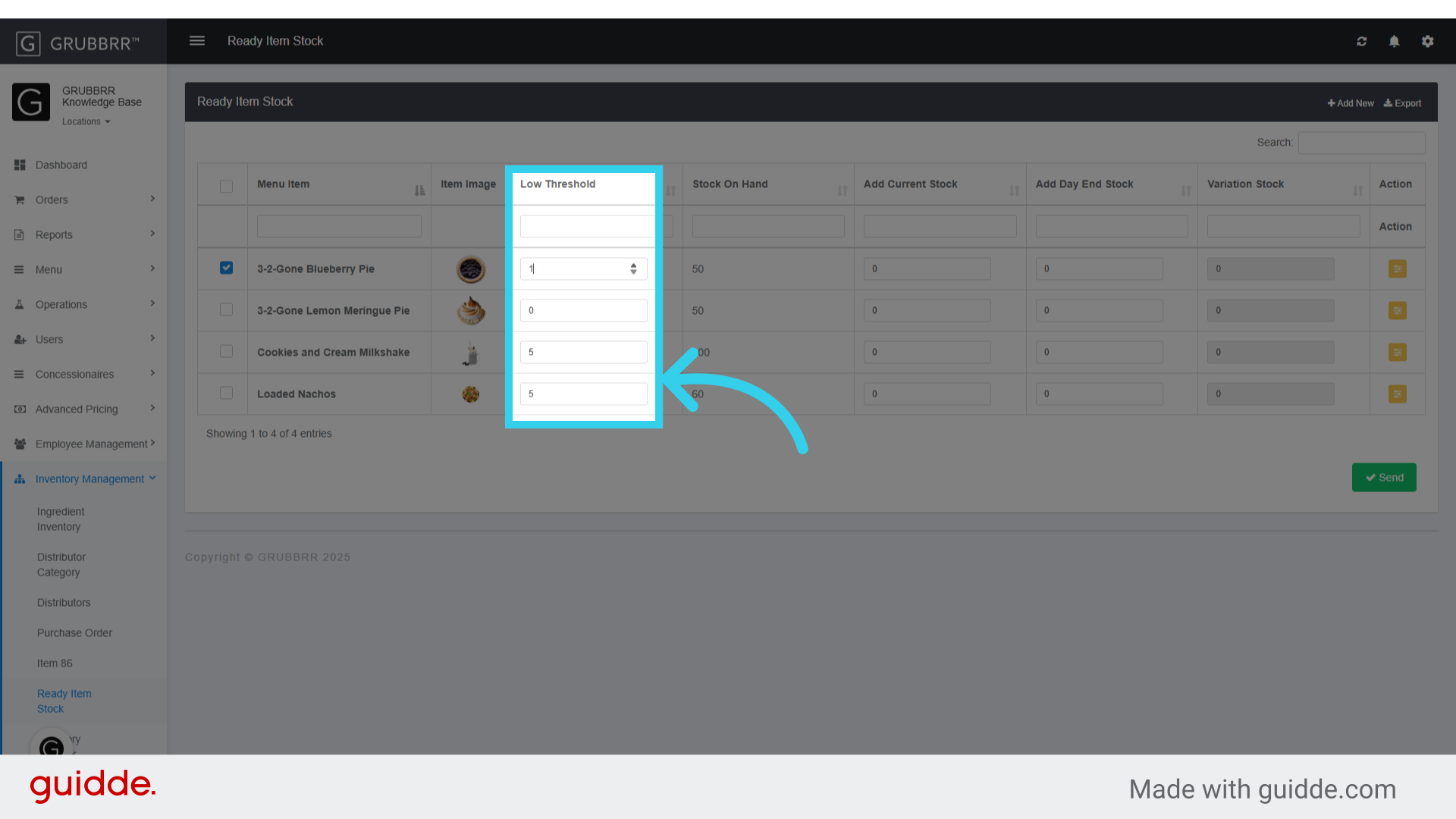 If you've configured Email alerts for inventory, the 'Low Threshold' determines when a notification will be sent to the email(s) on file