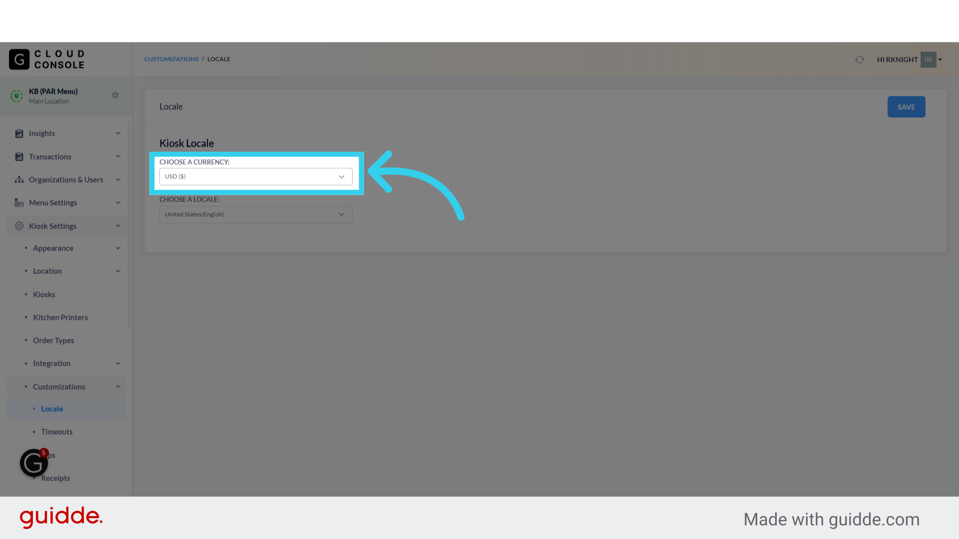 The 'Currency' option allows us to configure how prices and orders are shown on the Kiosk