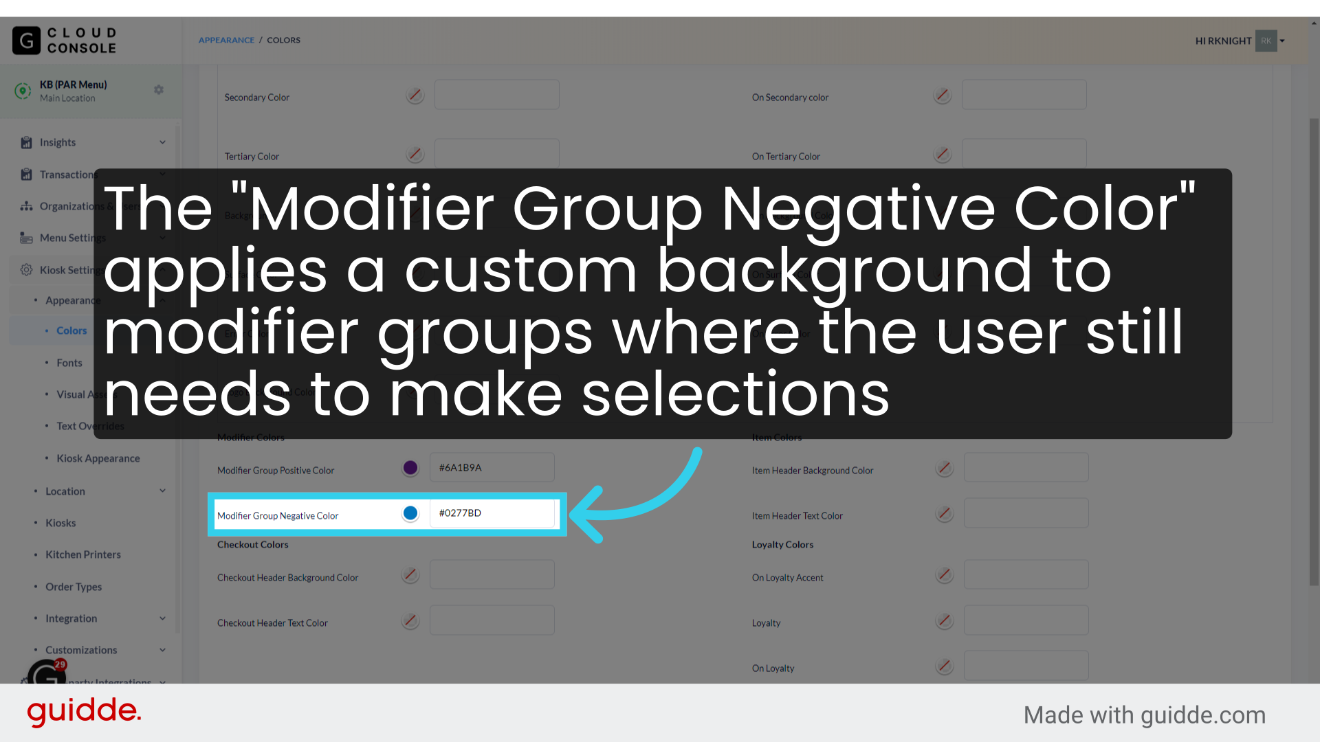 The 'Modifier Group Negative Color' applies a custom background to modifier groups where the user still needs to make selections
