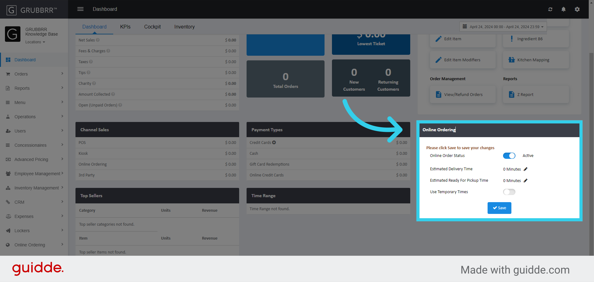 If you're using GRUBBRR's Online Ordering feature, change settings quickly with the 'Online Ordering' tile