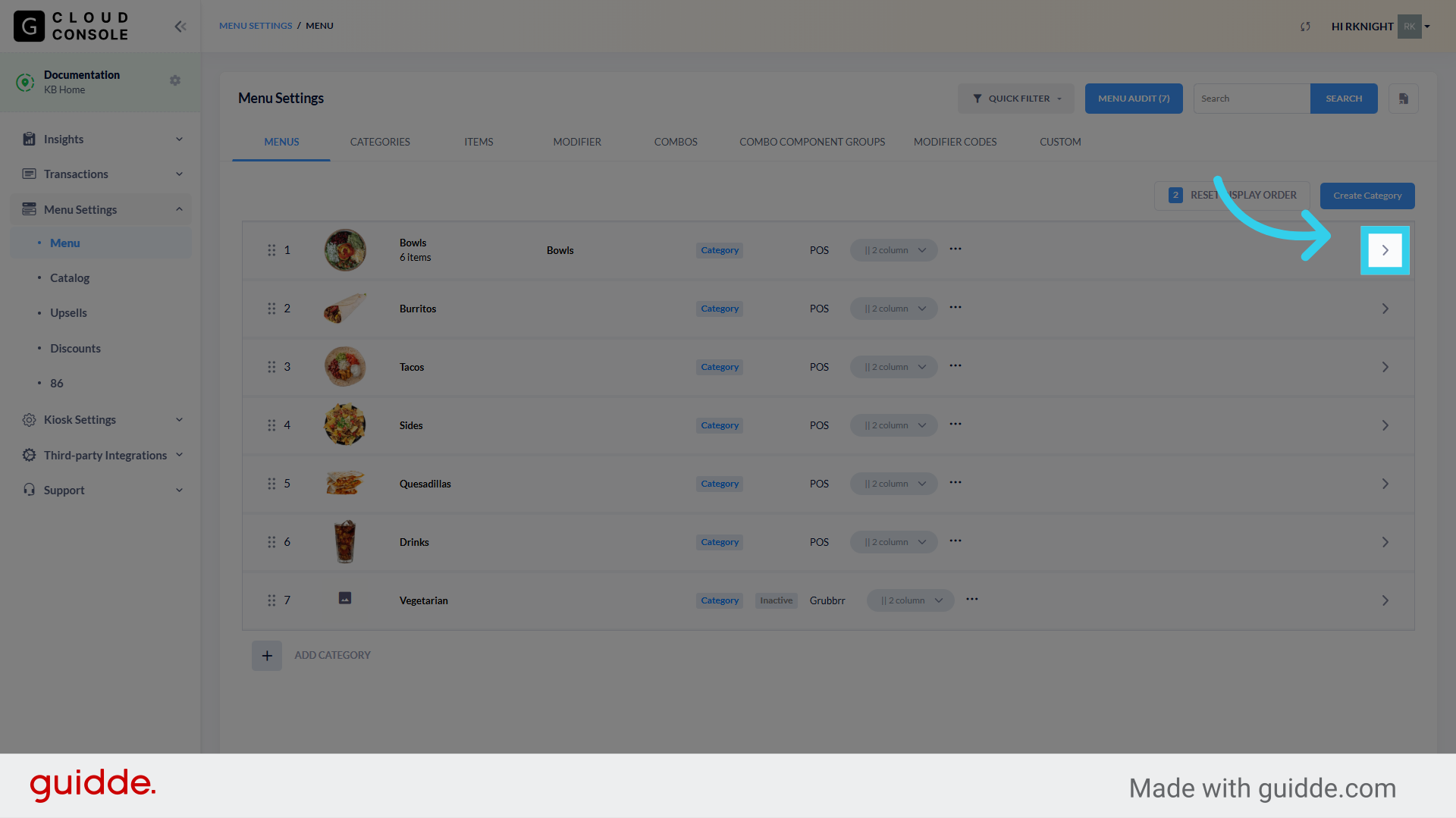 If you need to make changes within a category, click the arrow icon at the right side of the screen