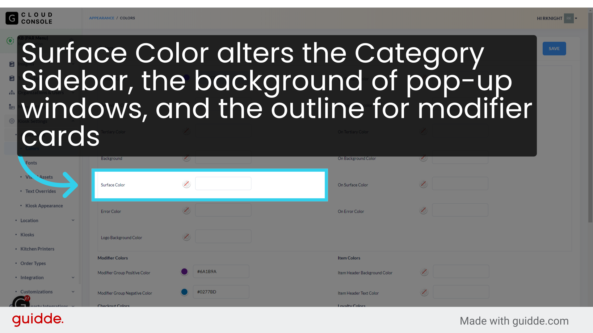 Surface Color alters the Category Sidebar, the background of pop-up windows, and the outline for modifier cards