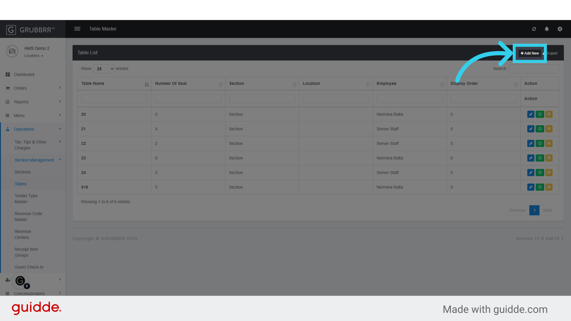 Click here to add a new table to the system