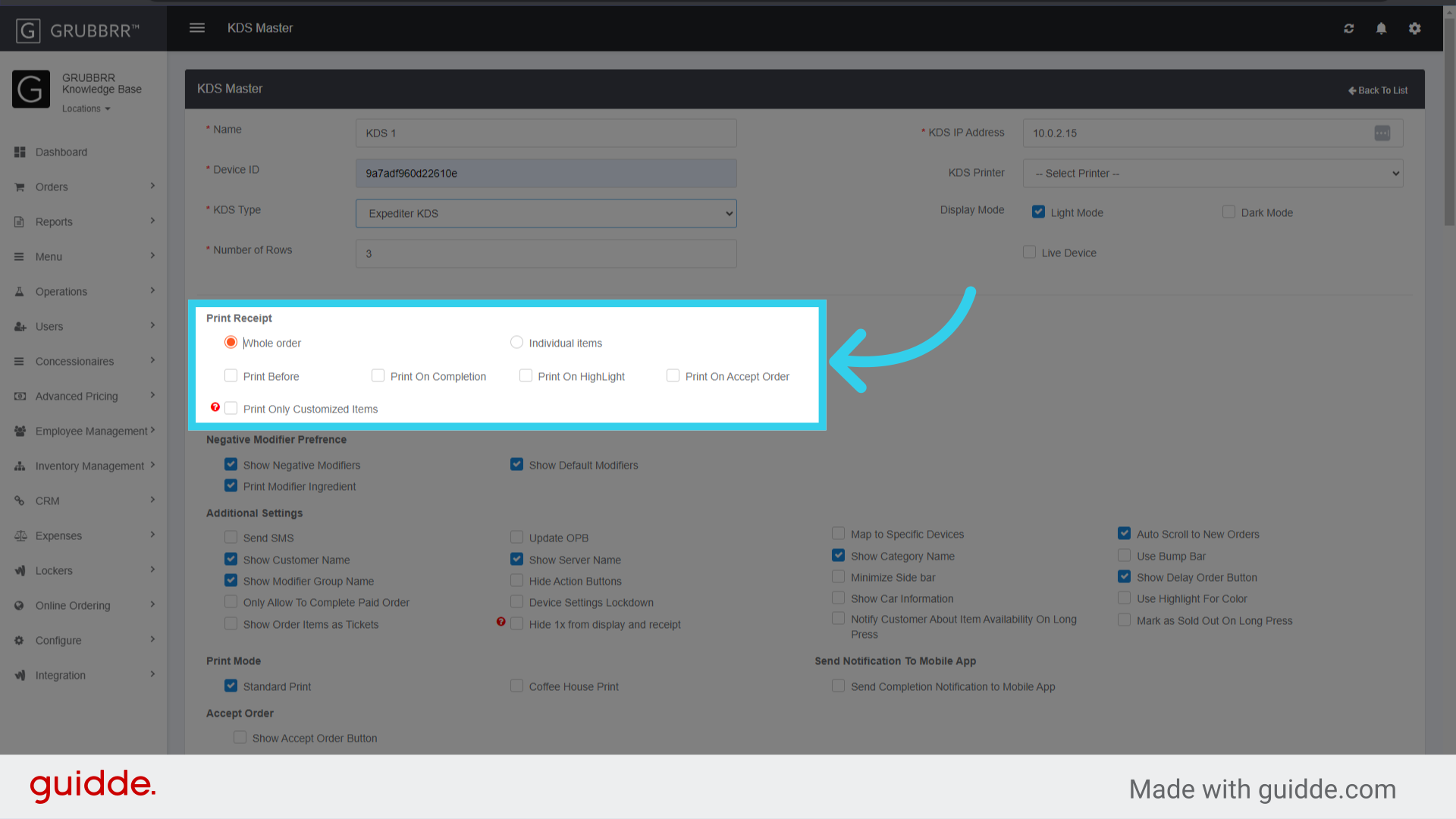 Enable any desired receipt settings