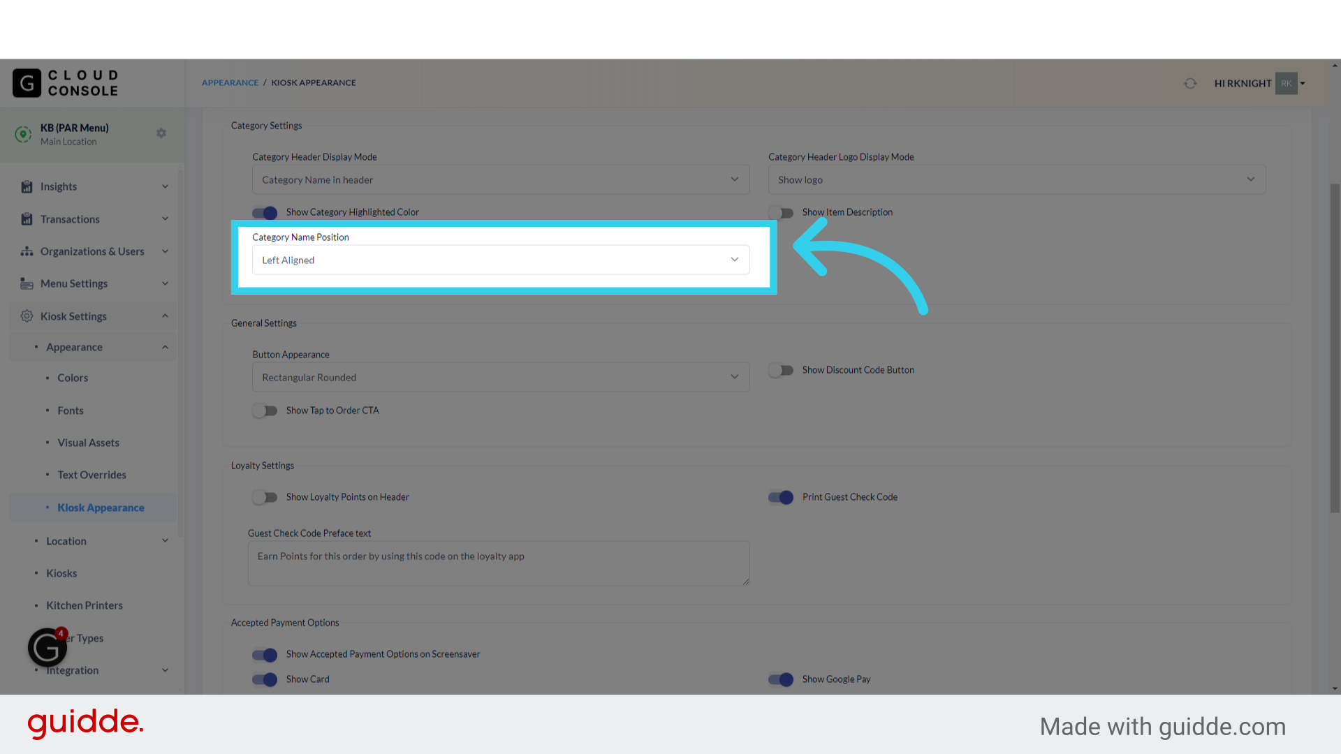 Finally, we can choose whether the category name is left- or center-aligned on the Kiosk menu