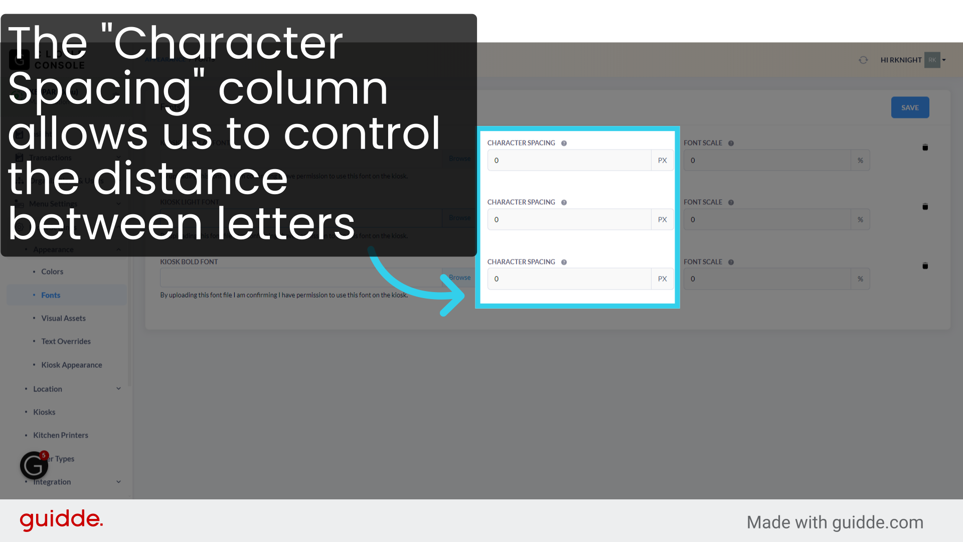 The 'Character Spacing' column allows us to control the distance between letters