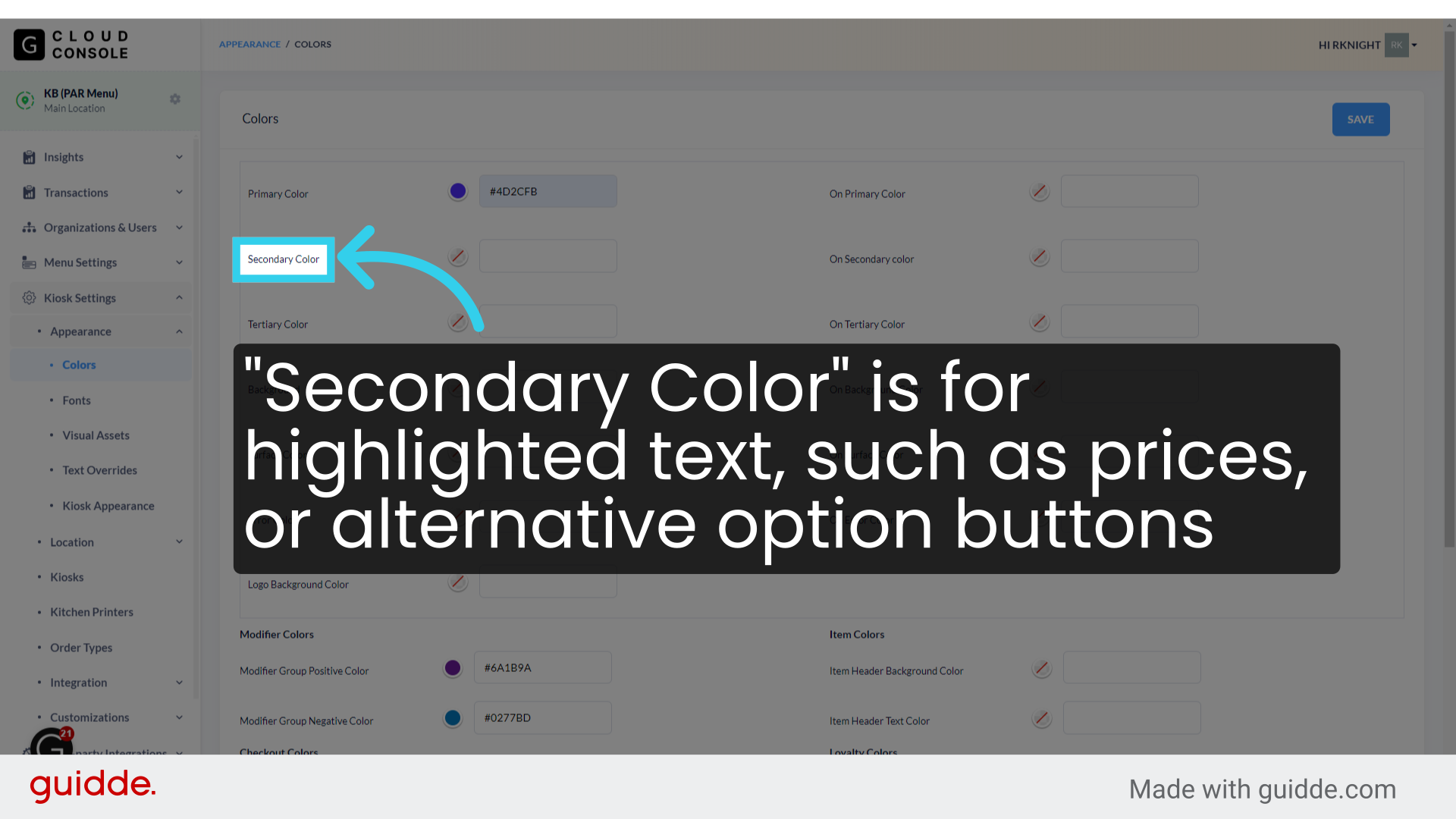 'Secondary Color' is for highlighted text, such as prices, or alternative option buttons