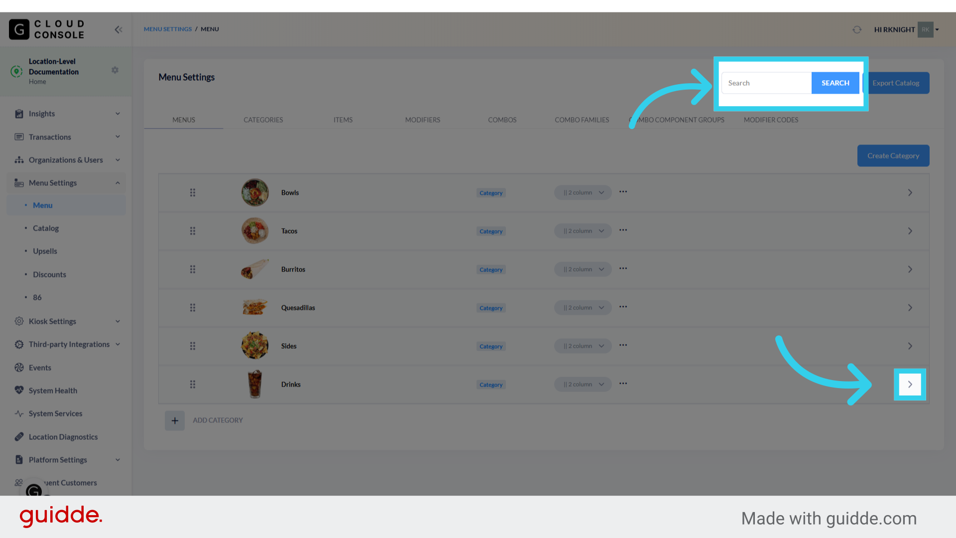 Use the search tool, or the dropdowns in the menu manager to find the item you wish to update