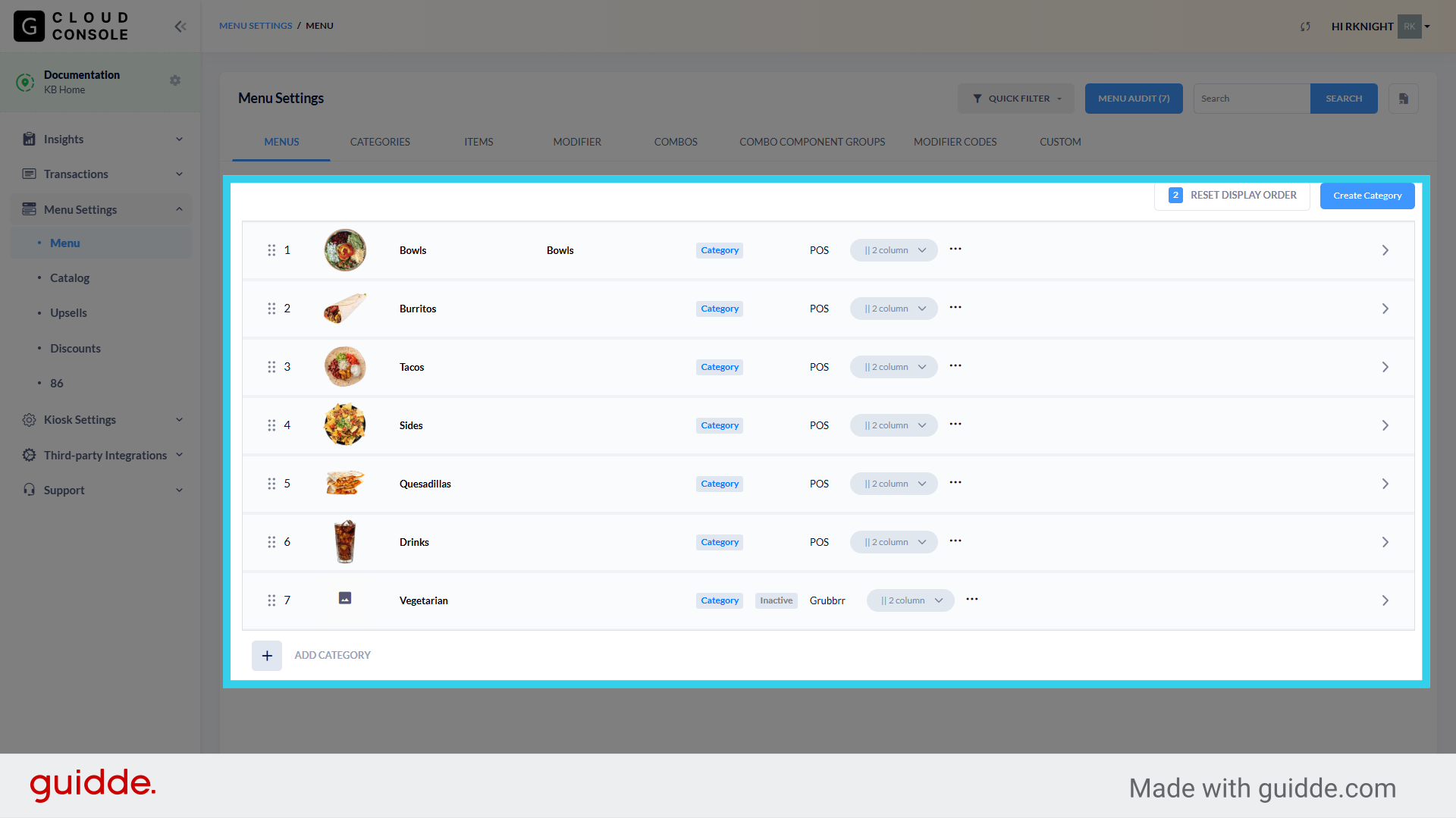 But you can make high-level changes to your menu from the 'All in One' view