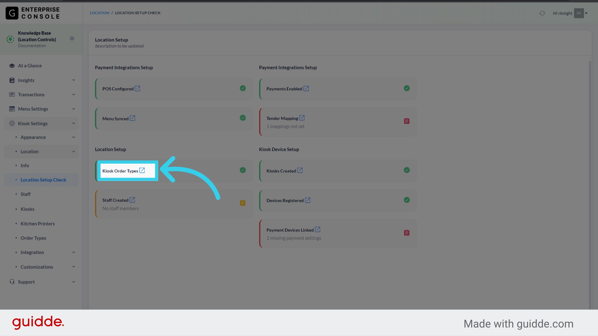 'Kiosk Order Types' tells us if we have configured Dine In/Take Out settings for Kiosks at this Location