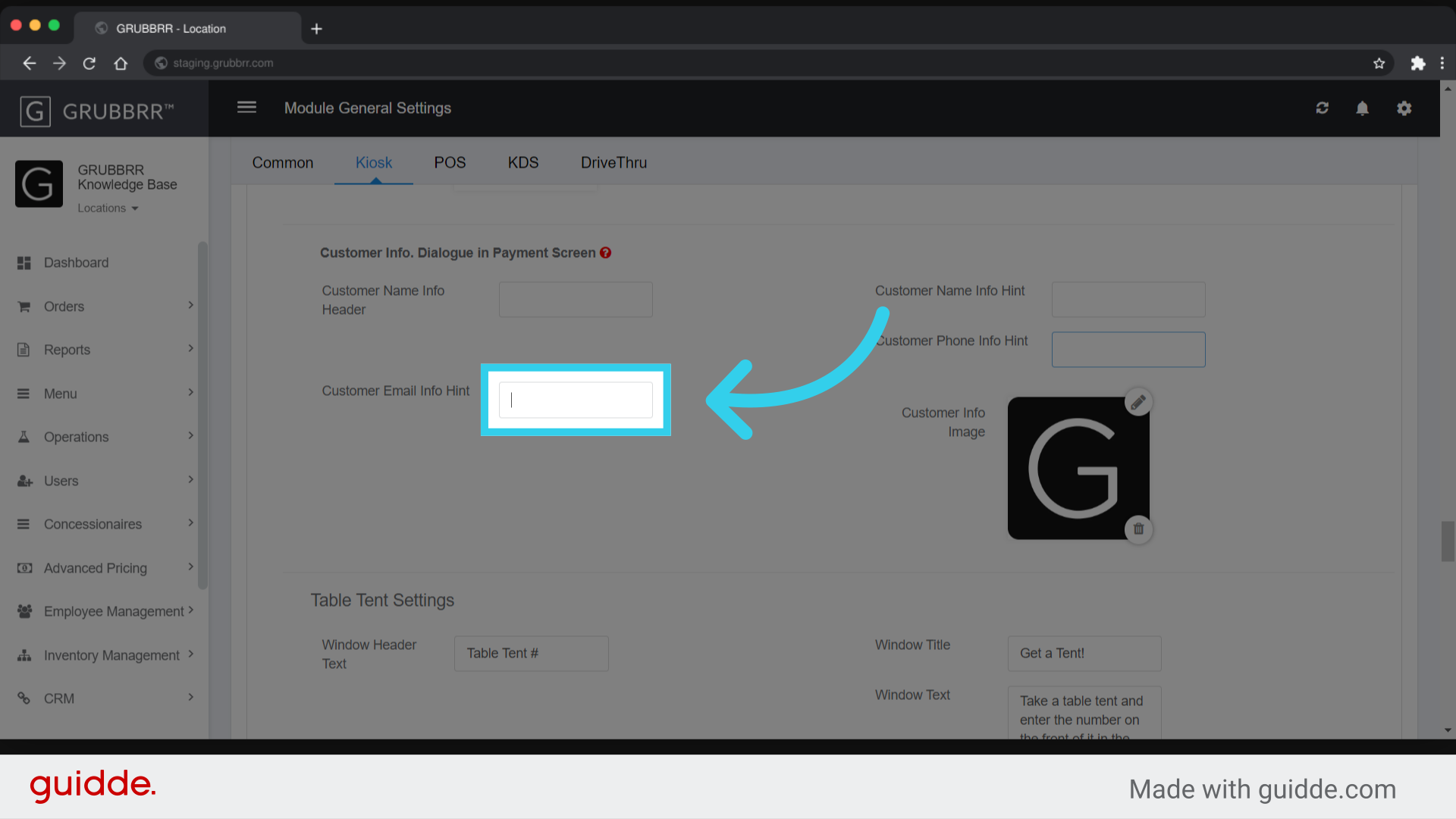 Enter a 'Customer Email' Hint