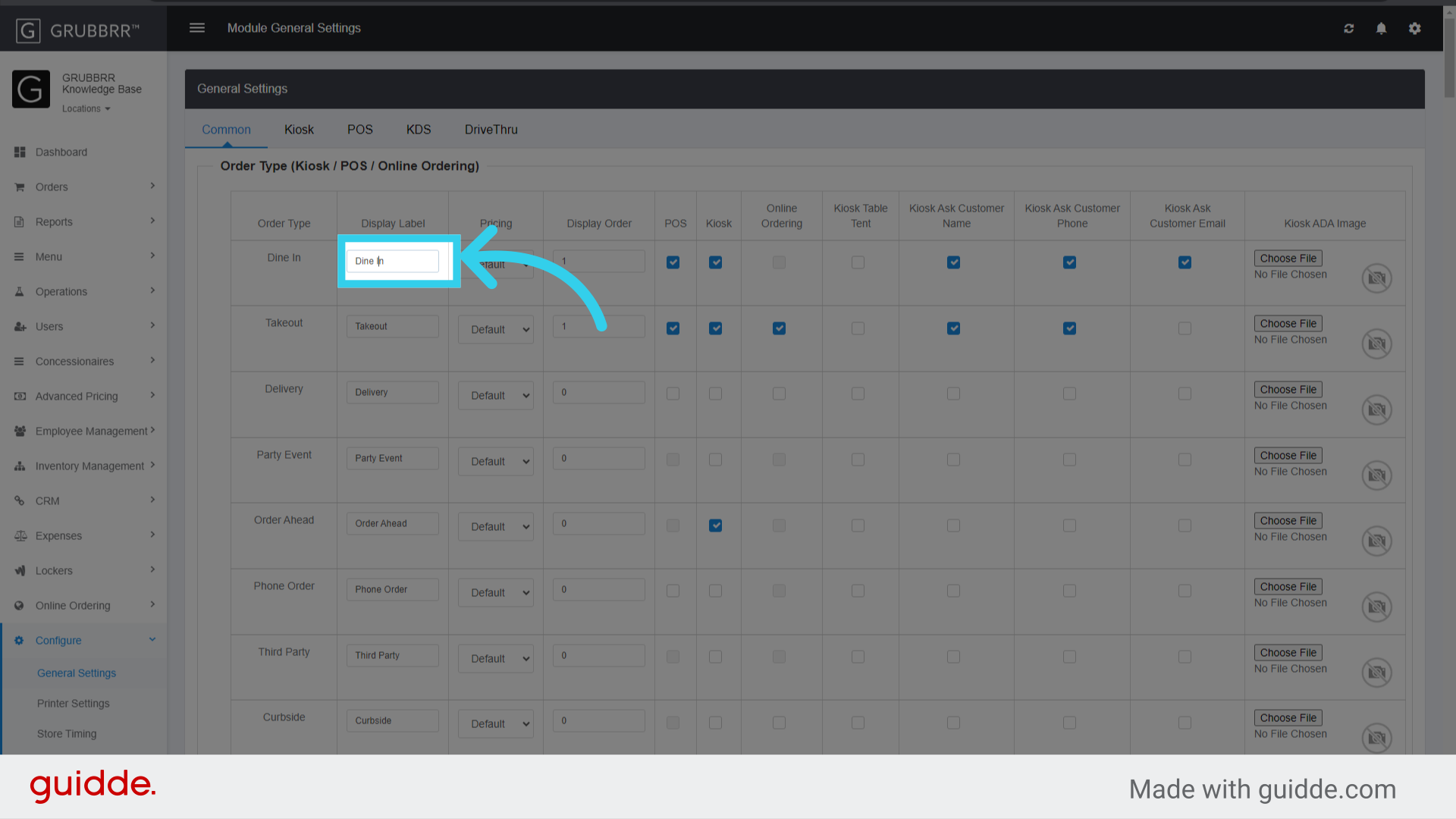 You can change the Display Labels for Dine In...