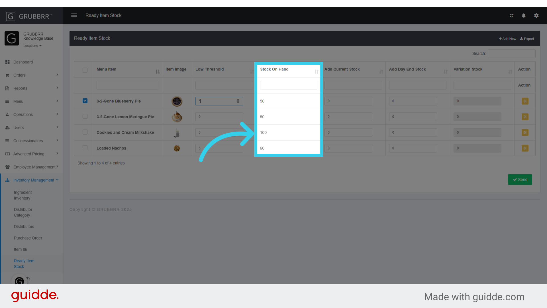 The 'Stock on Hand' column shows your current inventory of the item