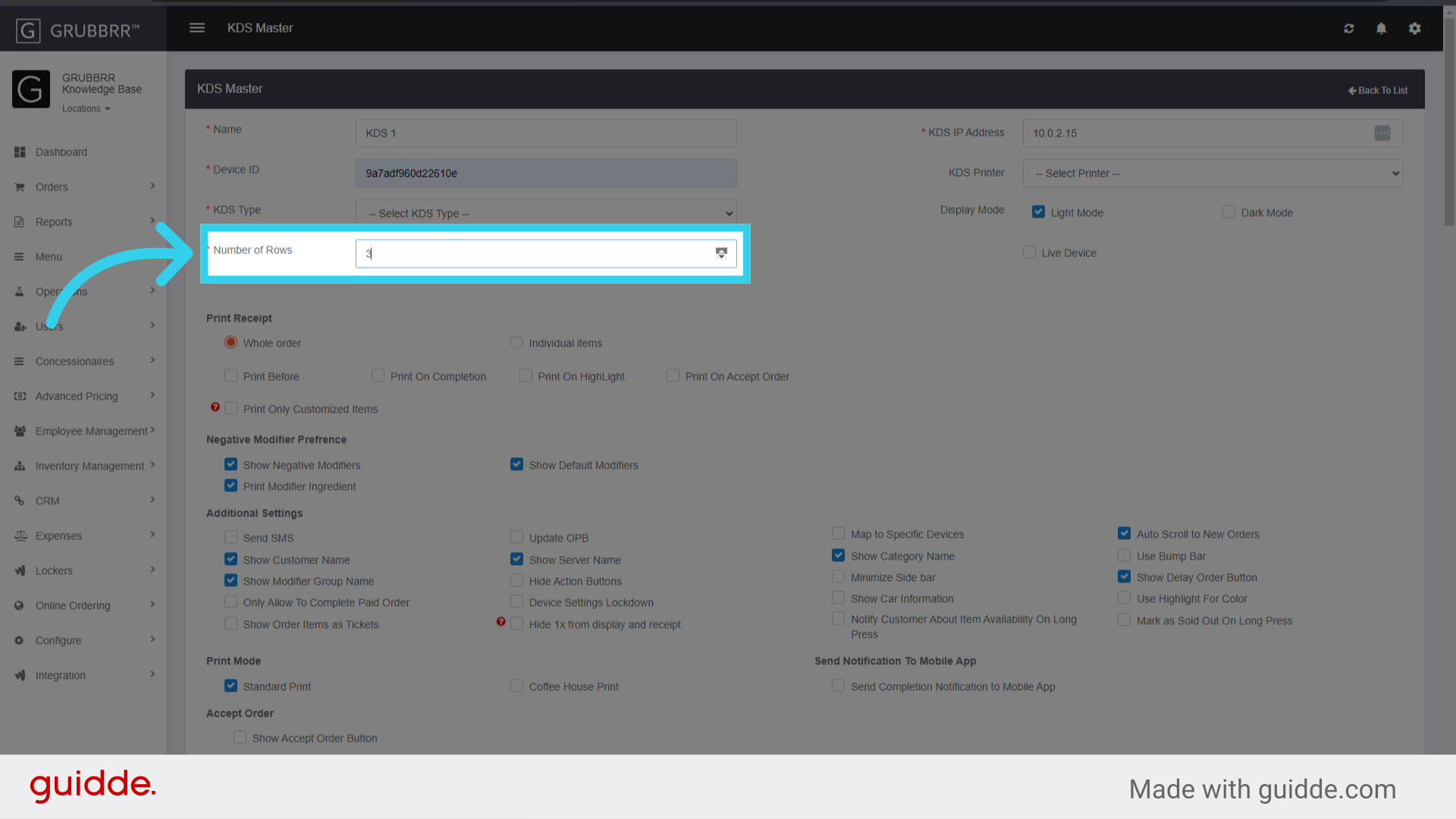 If desired, configure the number of rows the KDS will use for order tickets