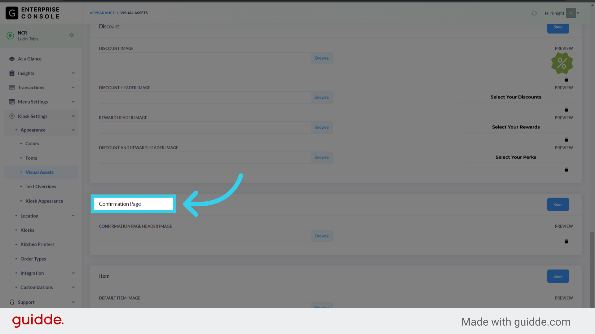 The 'Confirmation Page' image controls what your guests see when they finalize their order on the Kiosk