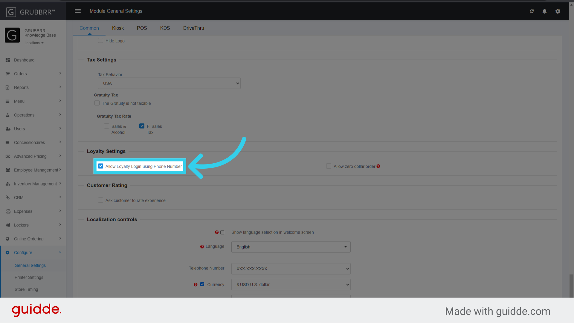 Enable 'Allow Loyalty Login Using Phone Number'