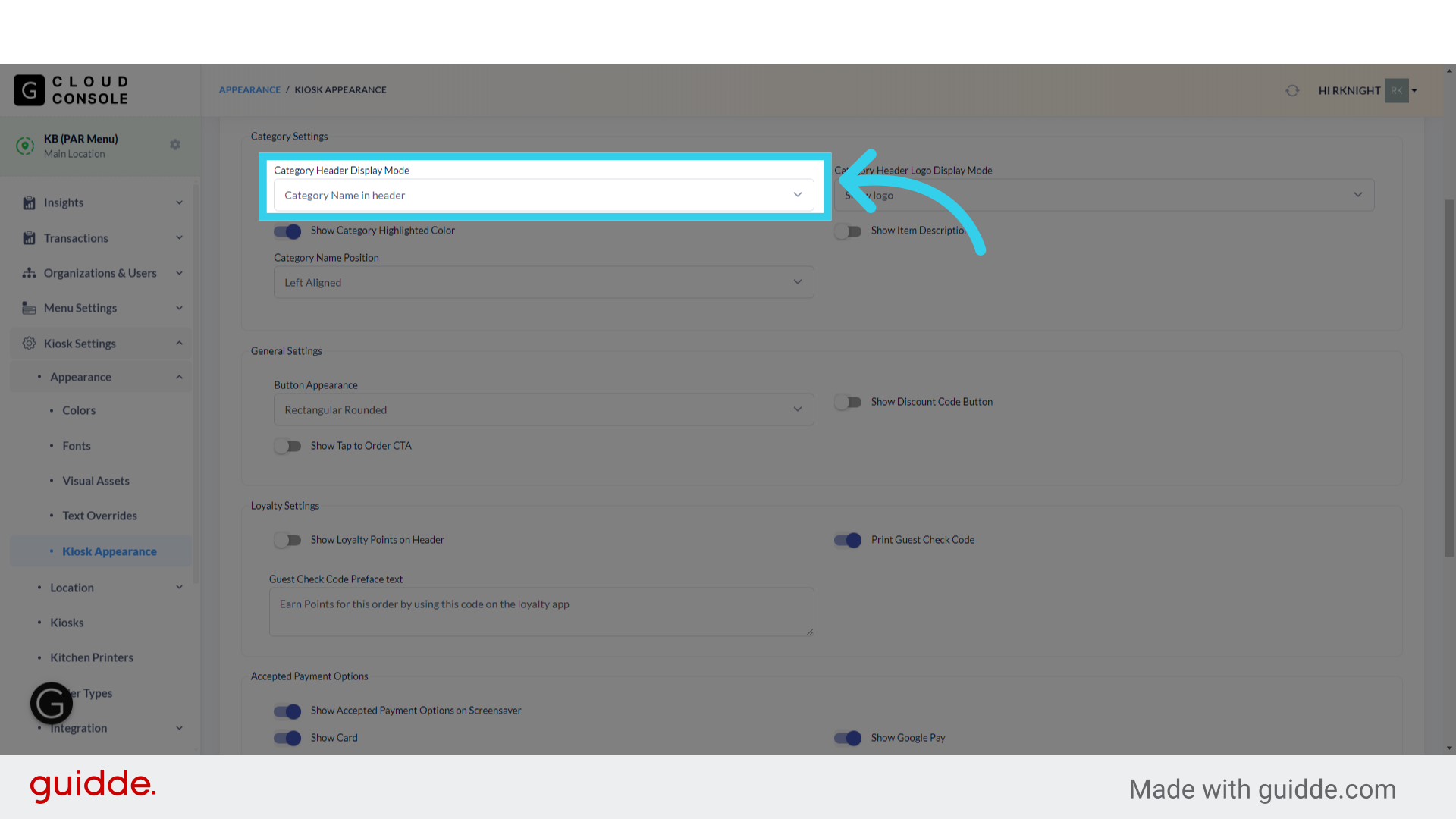 'Category Header Display Mode' controls whether the Category name displays in or under the header of the page