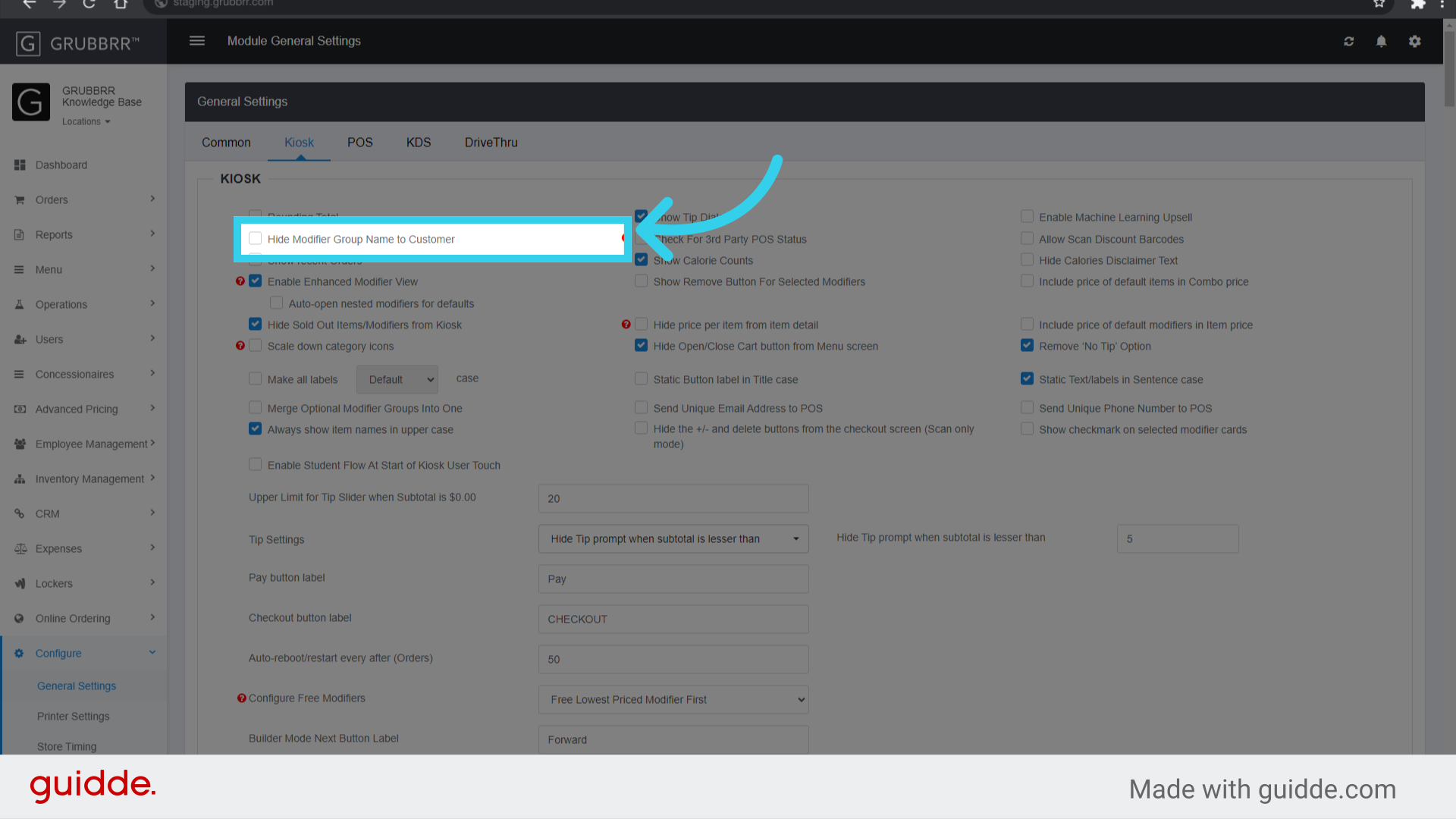 Click 'Hide Modifier Group Name to Customer'