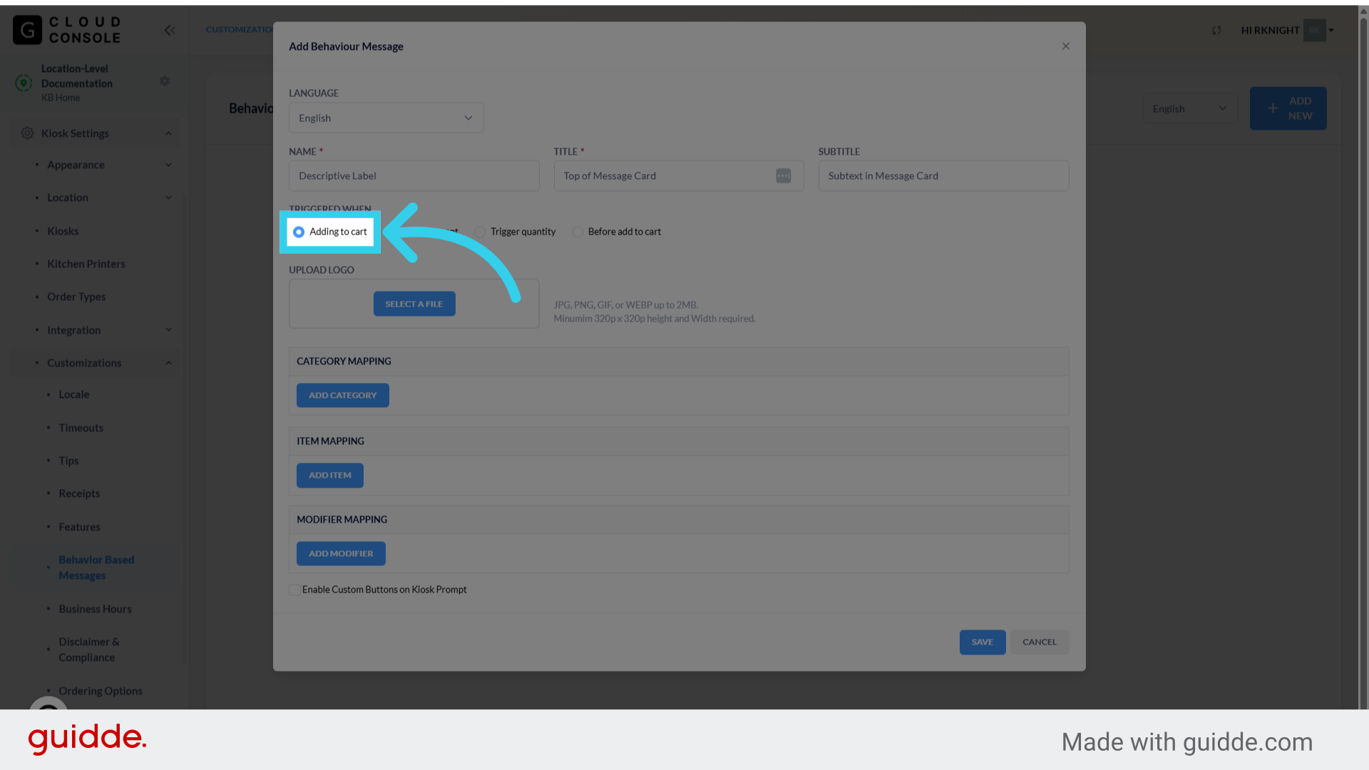 Behavior Based Messages can be set to trigger when an item is added to the user's cart...