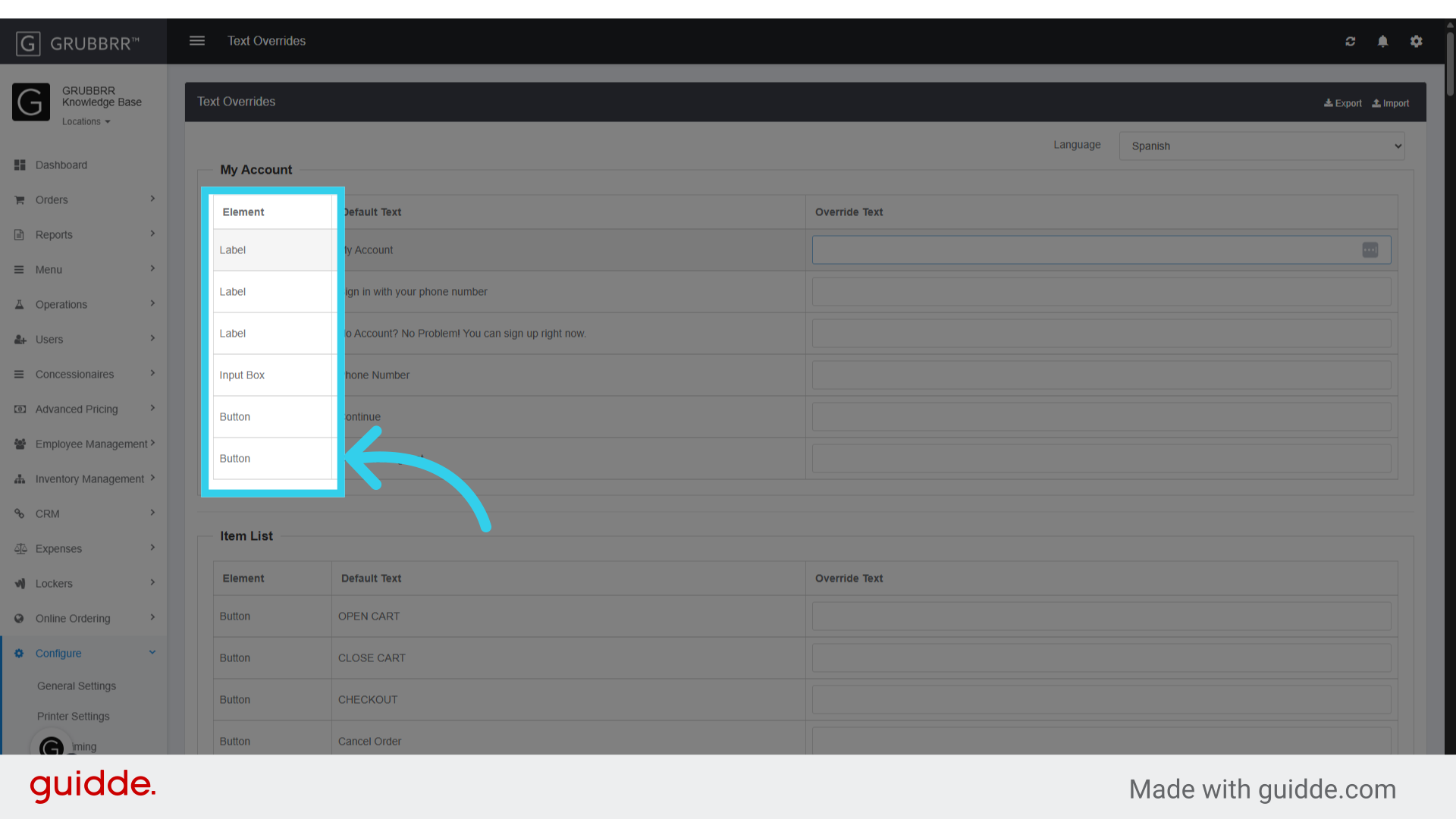 The 'Element' column in each table tells you what you'll be affecting on your Kiosk menu