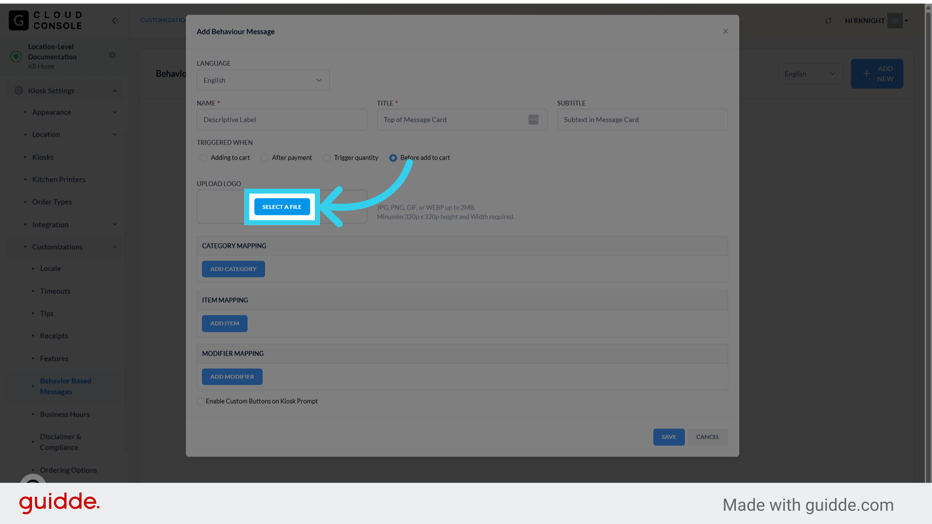 We can upload custom logos, images, and animations for custom messages here
