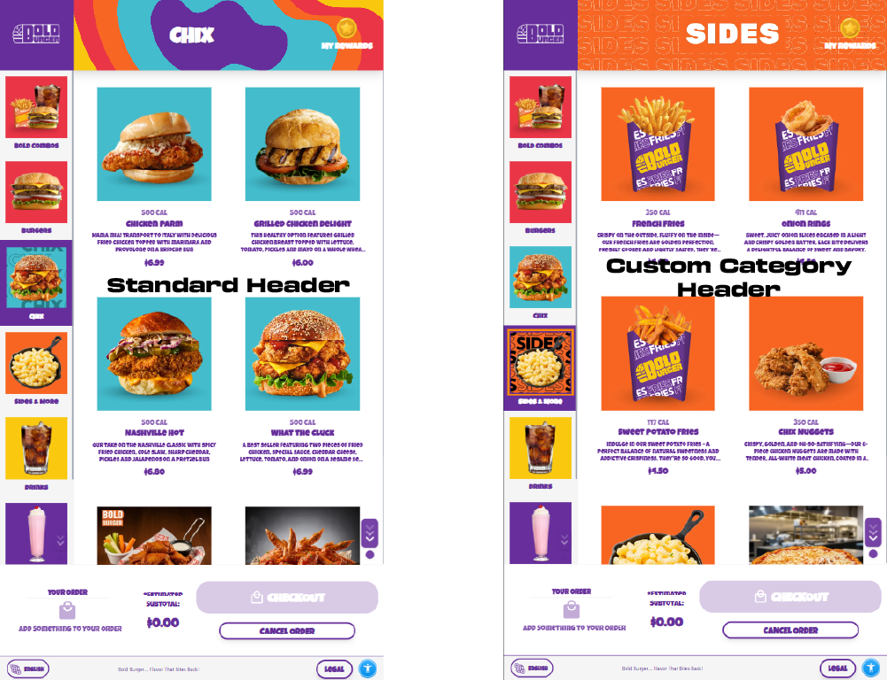 A menu with standard headers (left) and a custom category header (right).
