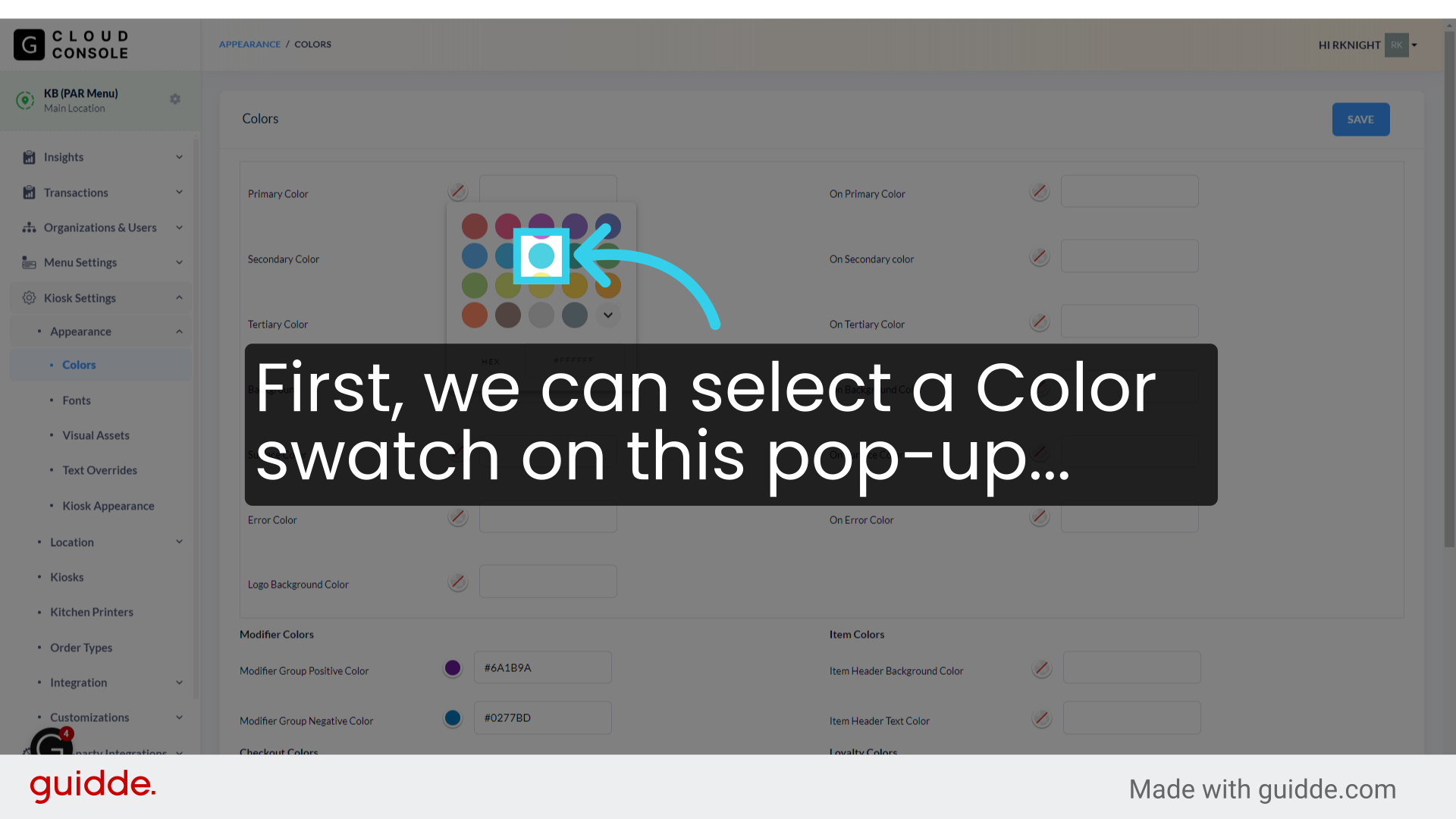 First, we can select a Color swatch on this pop-up...