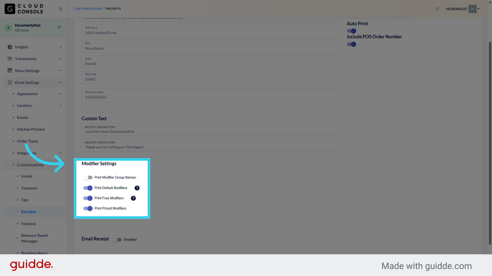 The 'Modifier Settings' flags allow us to control how item add-ons are tracked and displayed on Kiosk receipts