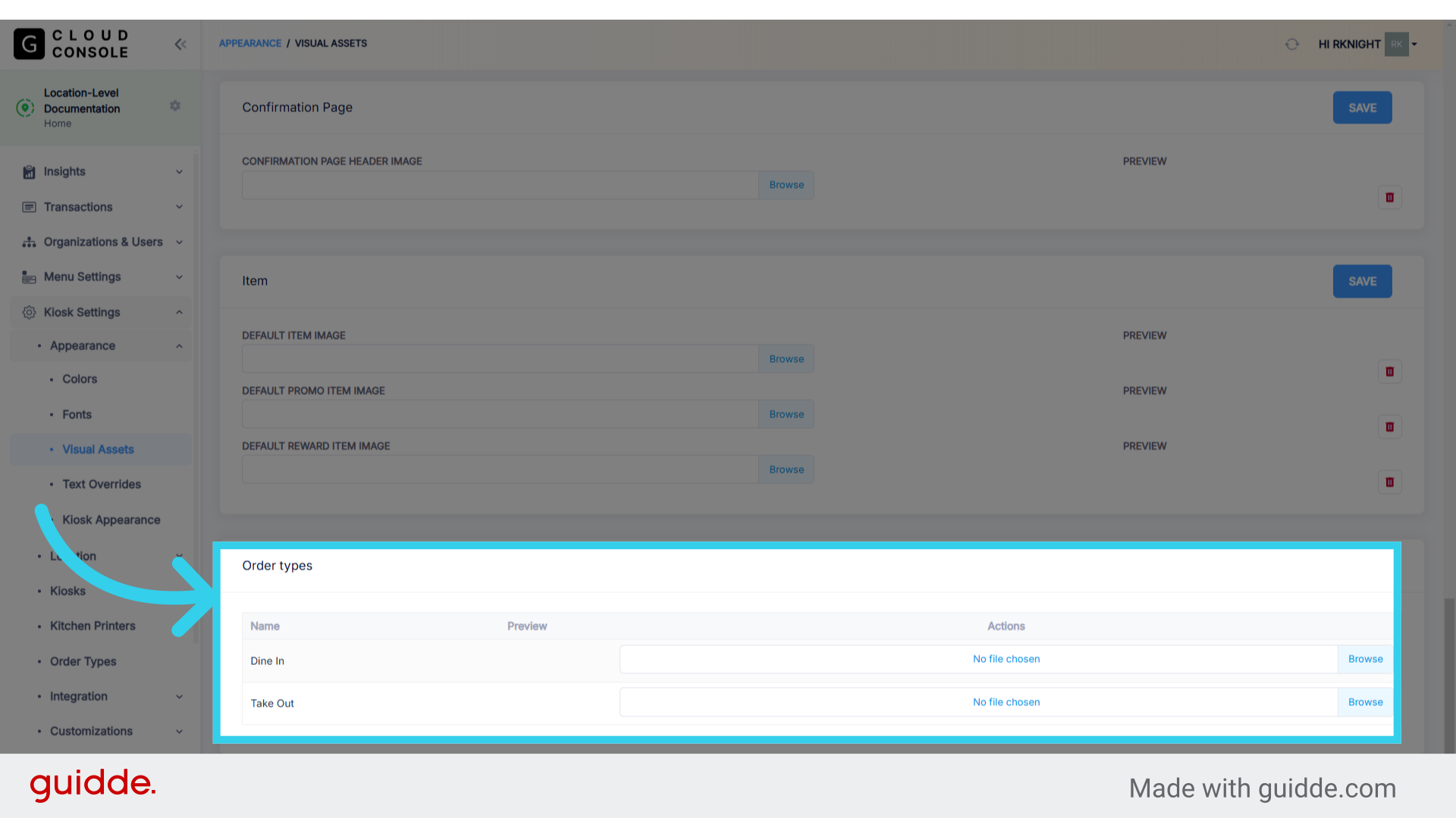 The 'Order Types' section allows us to upload a custom image for the Dine In / Take Out tiles when users start a new order