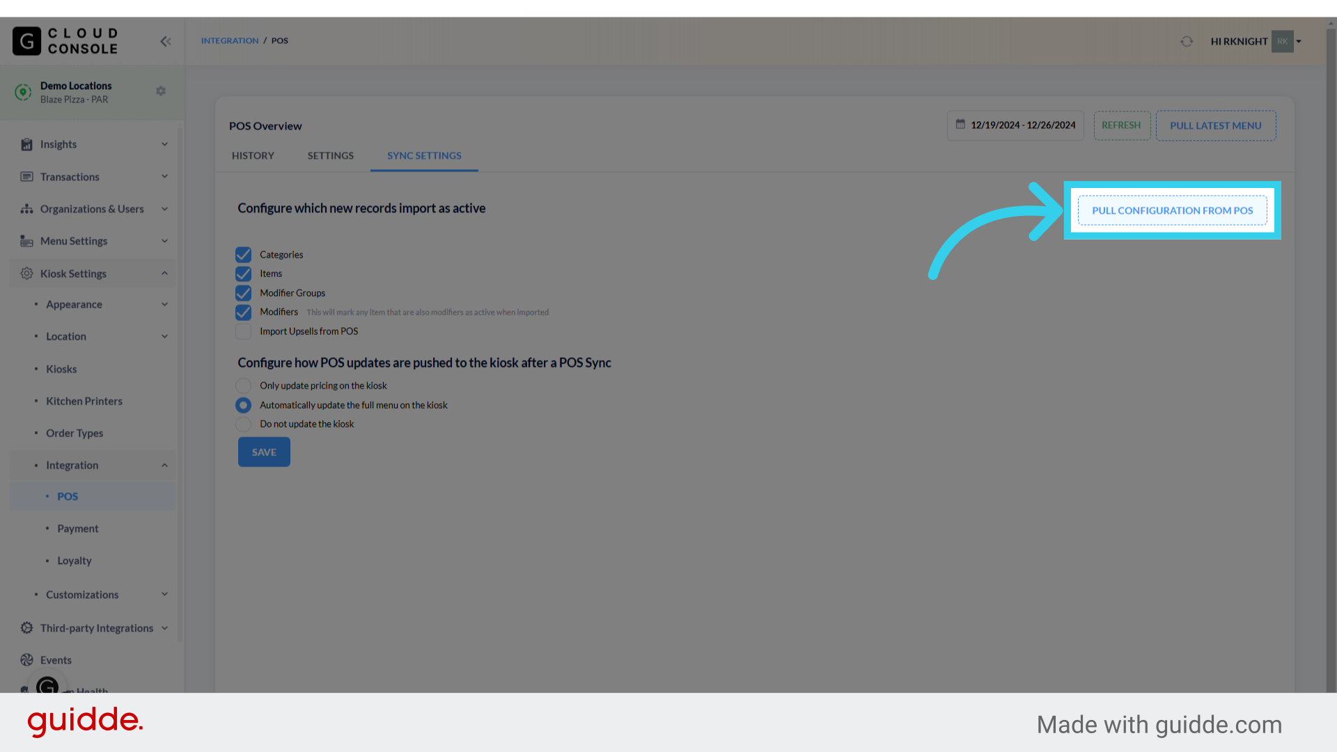 Once we've confirmed the required settings, click 'Pull Configuration from POS'