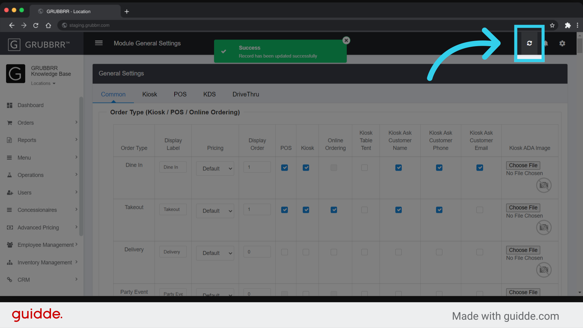 Click 'Sync' to push your changes to the Kiosk