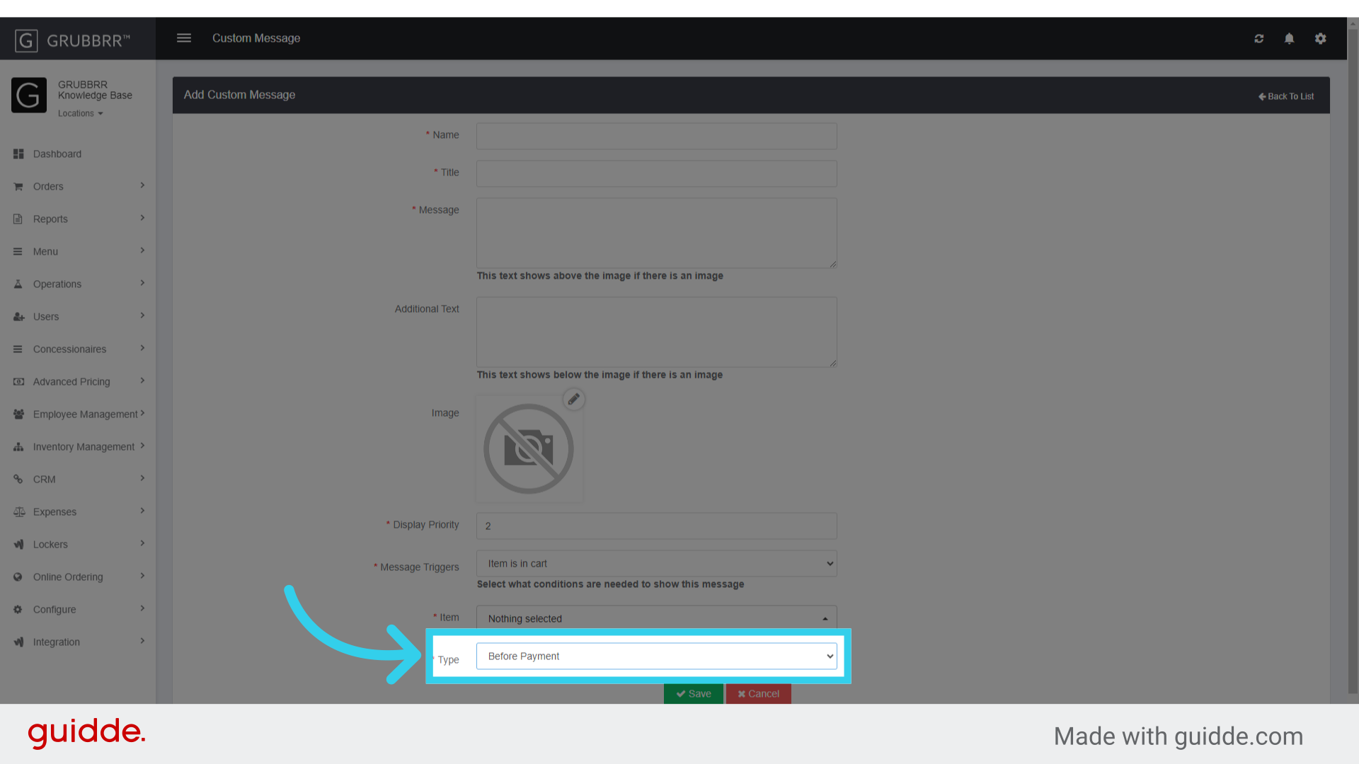 Select whether the message will display before or after payment here