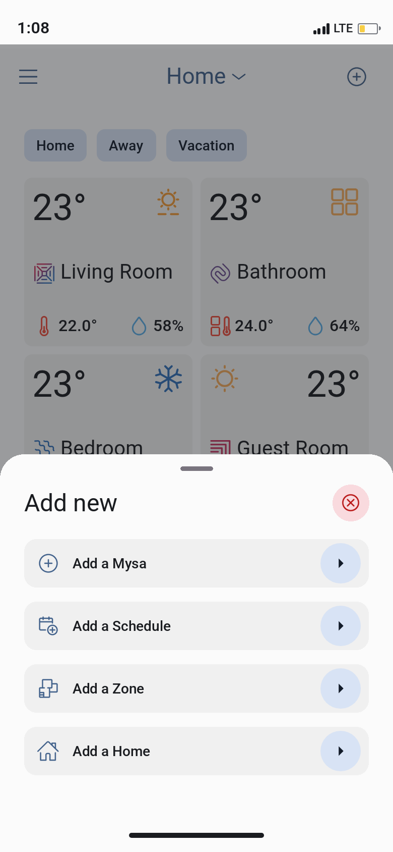 The Add new menu on the Mysa home screen, with Add a Mysa.