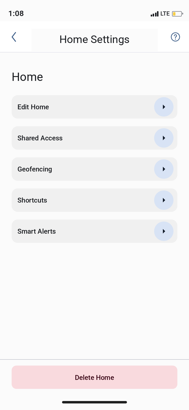 Home Settings screen in the Mysa app showing Edit Home, Shared Access, Geofencing, Shortcuts, Smart Alerts, and Delete Home.