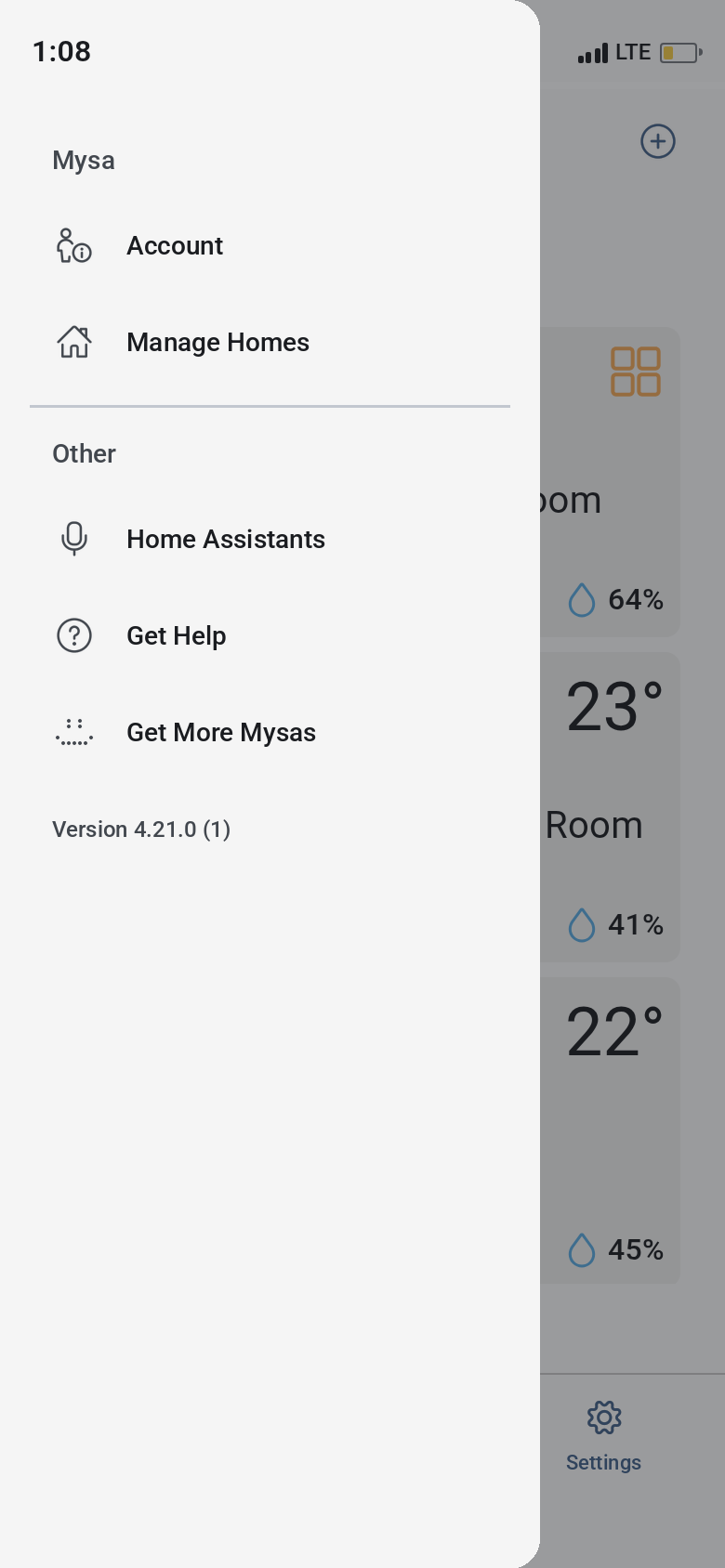 Mysa app side menu showing Account, Manage Homes, Home Assistants, Get Help, and Get More Mysas.