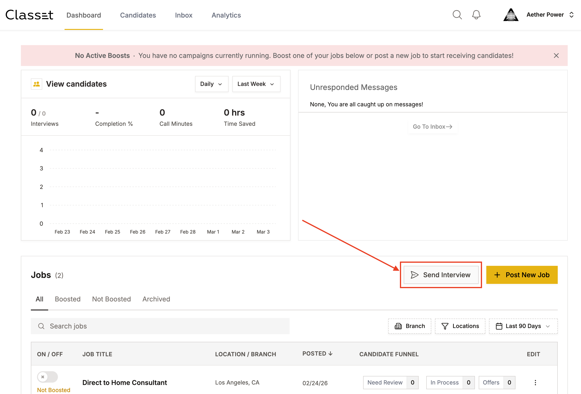 Image of a job dashboard with a highlighted Send Interview button and a Post New Job button in the Jobs section
