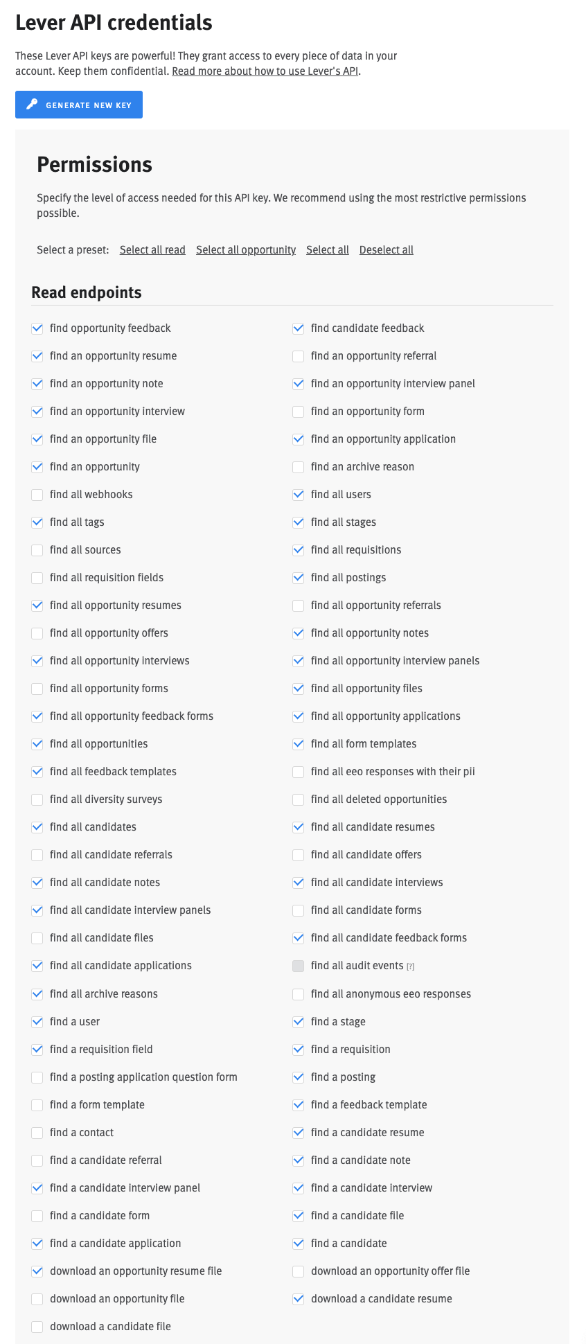 Lever API credentials interface showing Generate new key button and permissions panel with read endpoint options