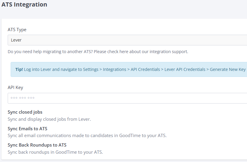ATS Integration interface showing Lever settings with API Key field and sync options