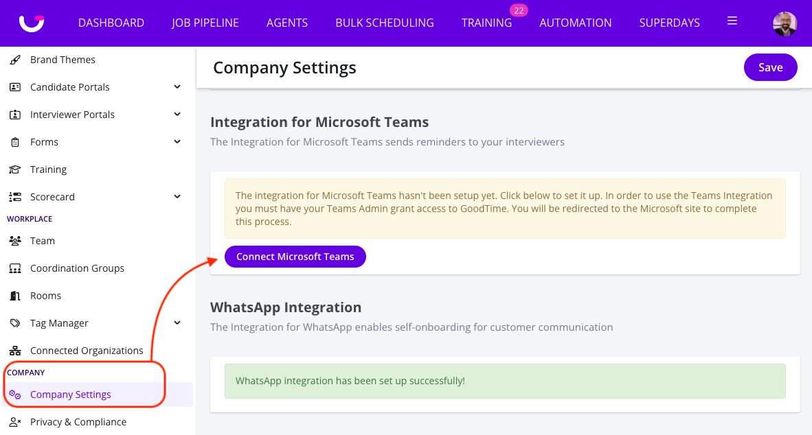 Company Settings Integration Page for Teams and WhatsApp.png Company Settings Integration Page for Teams and WhatsApp.png