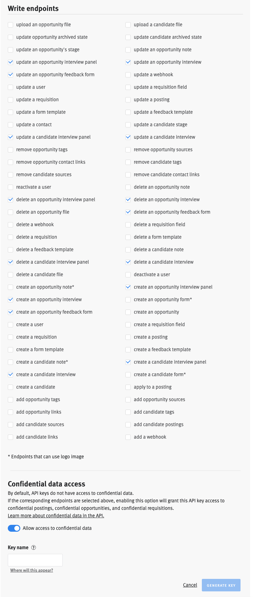 Write endpoints permissions showing checkboxes for updating opportunities, interviews, forms, and related data
