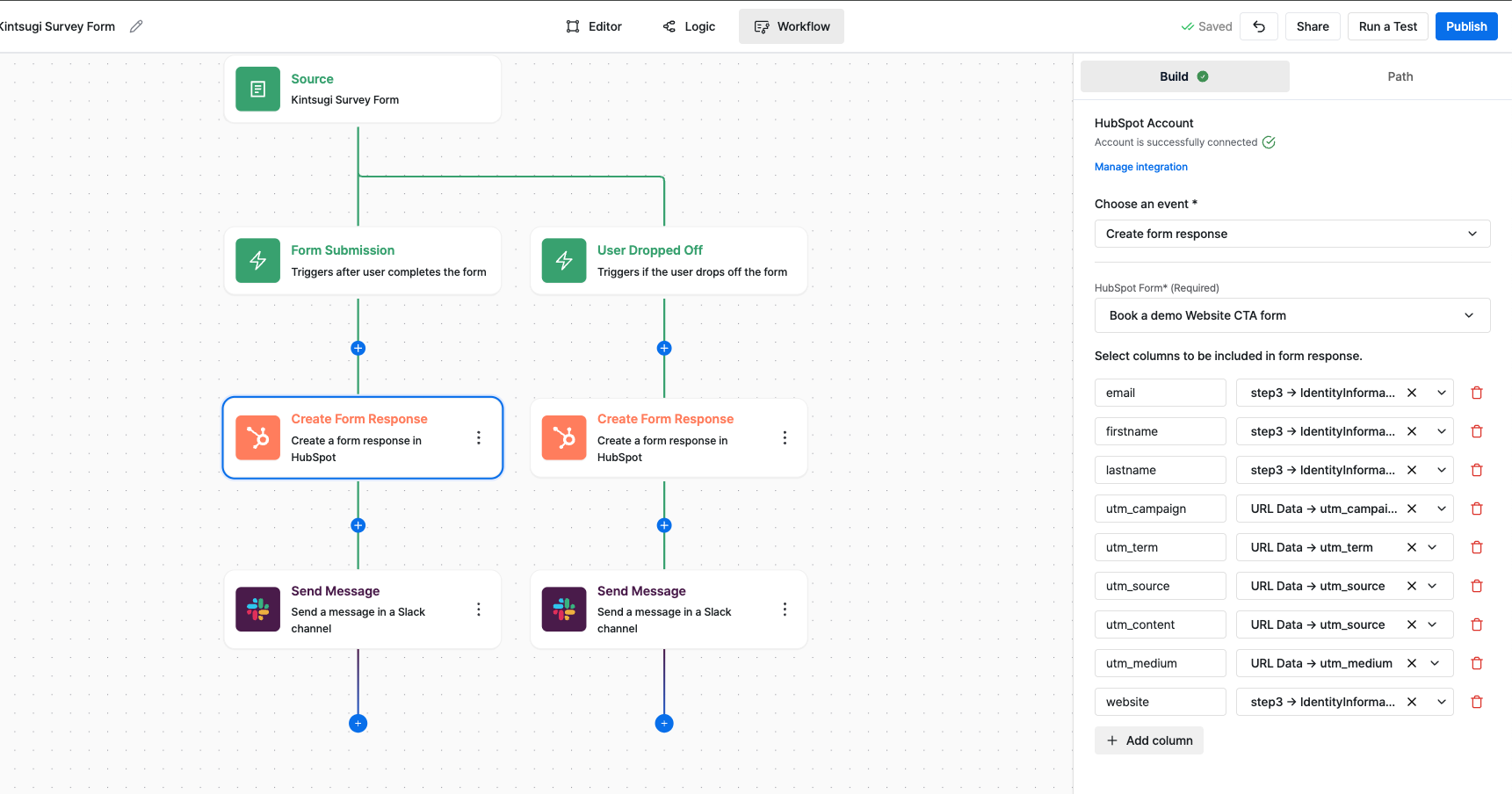 Workflow editor showing a form setup with HubSpot integration, including UTM parameter fields mapped in the form response action.