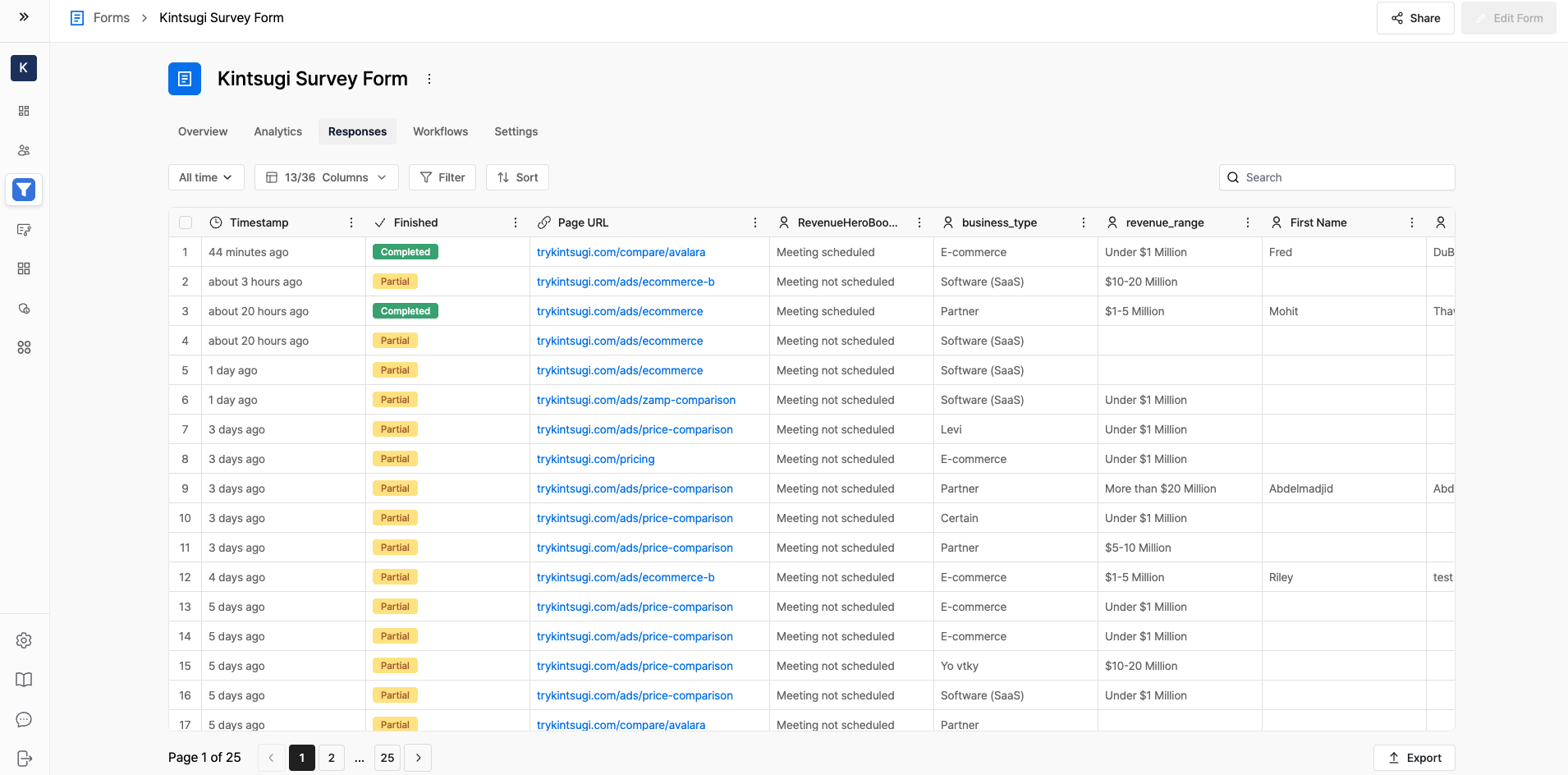 Image of a form response table showing columns including Timestamp, Finished status, Page URL, and other fields, with the Page URL column visible.