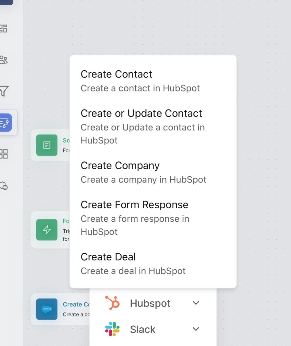Image of a user interface displaying options for creating various entities in HubSpot, including Create Contact, Create or Update Contact, Create Company, Create Form Response, and Create Deal, along with icons for HubSpot and Slack integration.