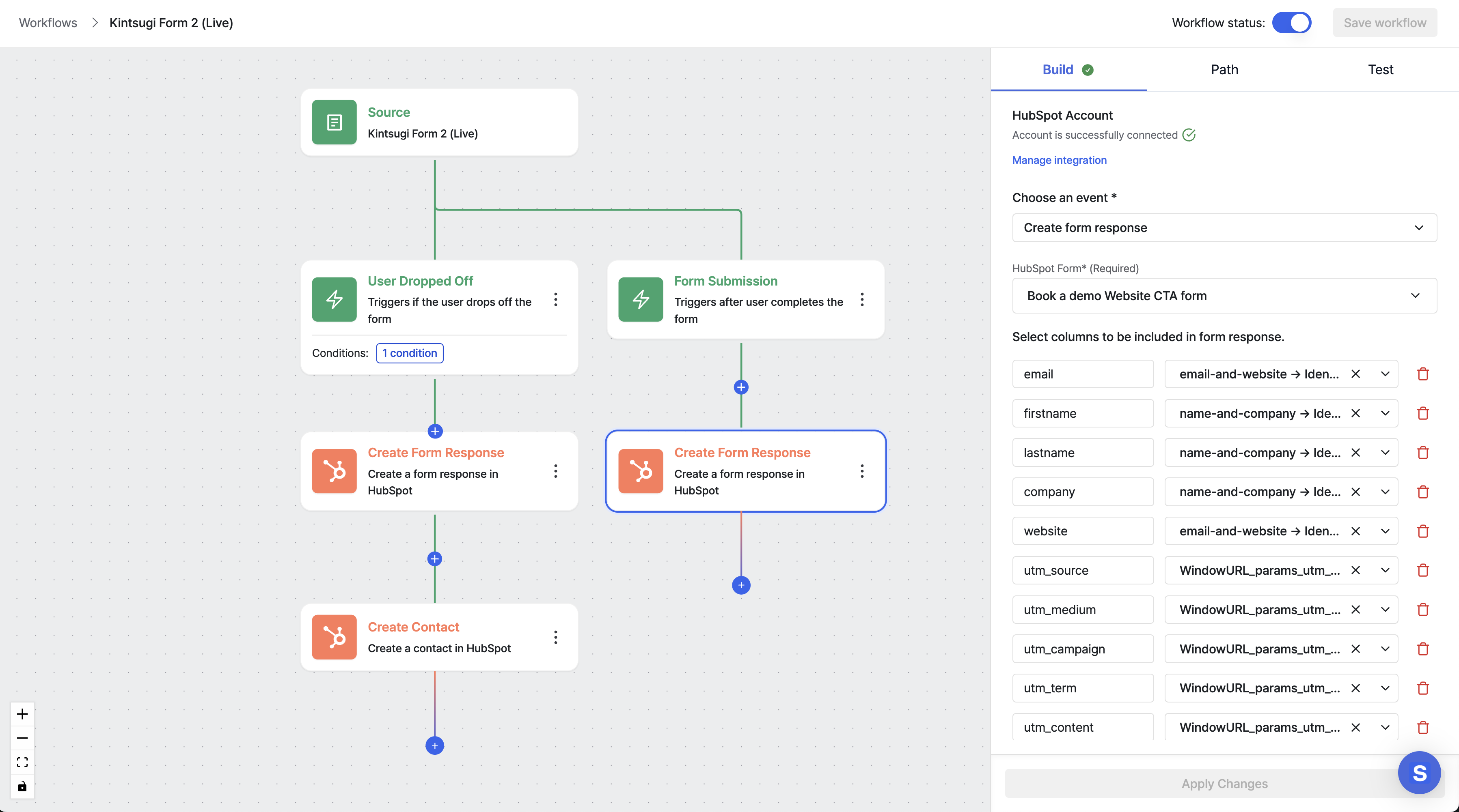 Image of a HubSpot workflow diagram showing a form submission path with Create Form Response and Create Contact steps, plus fields mapped from the form including utm parameters.