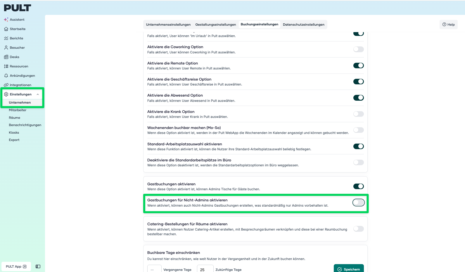 Einstellungsseite zeigt die Umschaltoption zum Aktivieren der Gästebuchungen für Nicht-Admins im Abschnitt Allgemeine Einstellungen